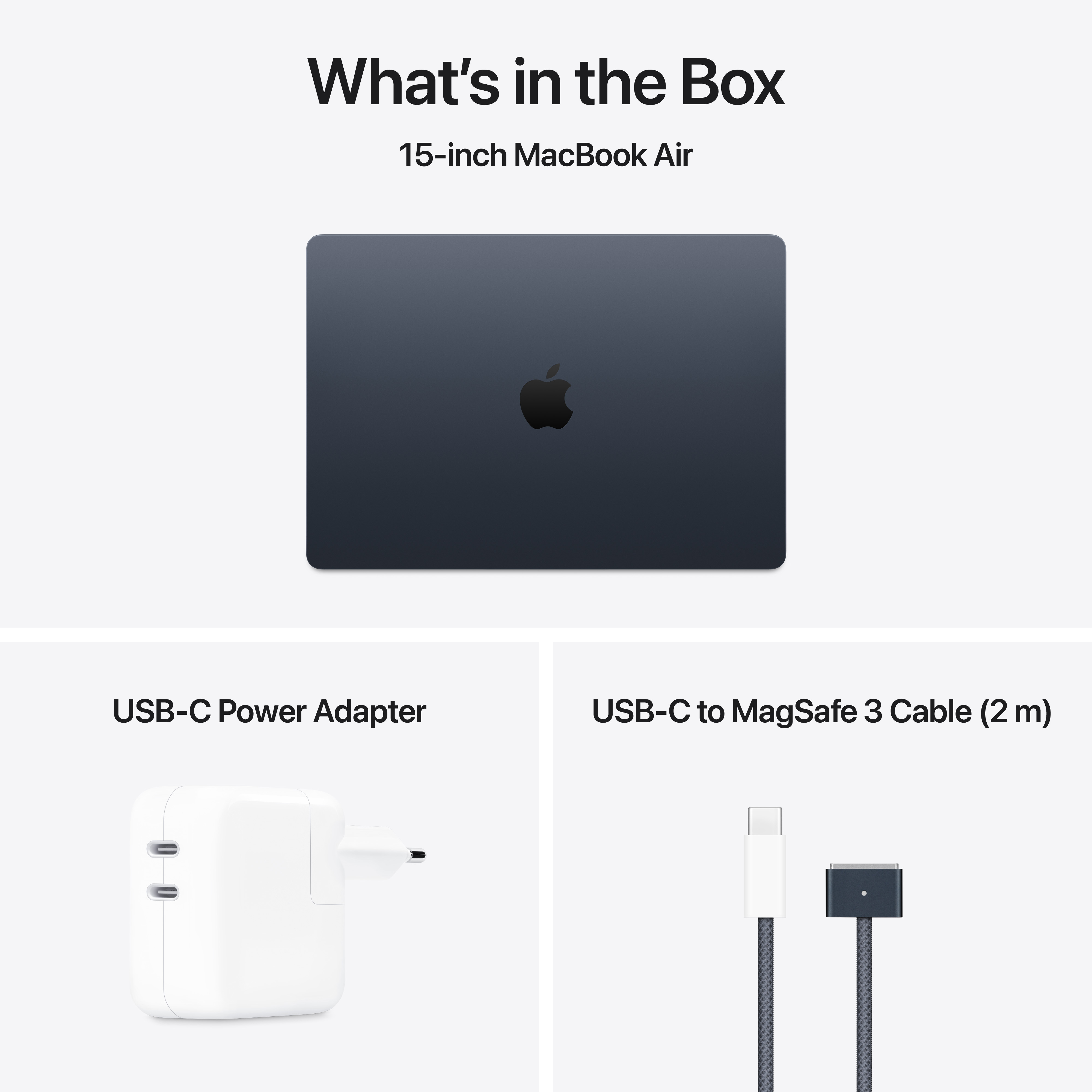 Un laptop, un adattatore di alimentazione e un cavo USB-C a MagSafe 3. Il laptop è blu scuro.