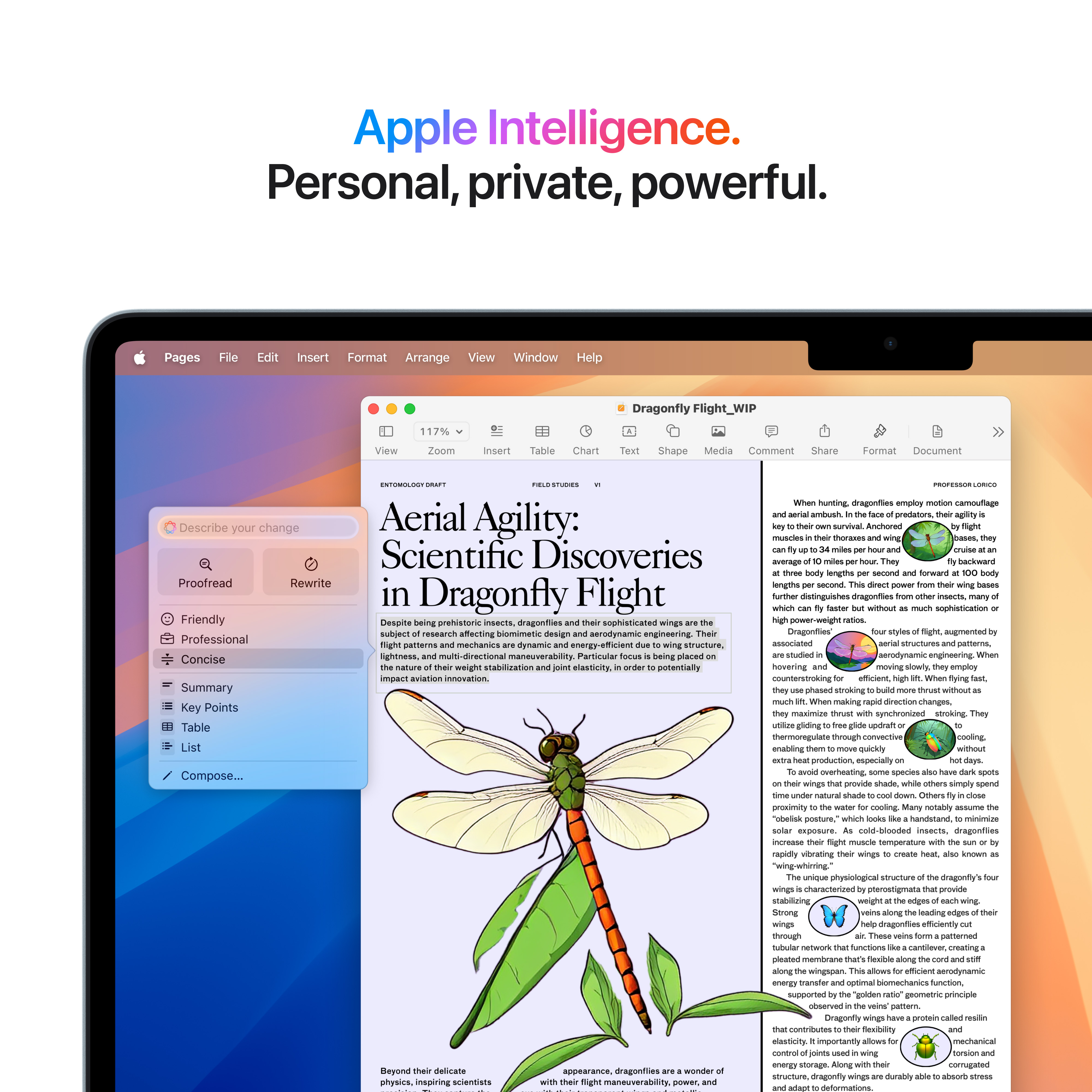 Écran d'ordinateur portable affichant un document sur le vol des libellules. Texte : Apple Intelligence. Personnel, privé, puissant.