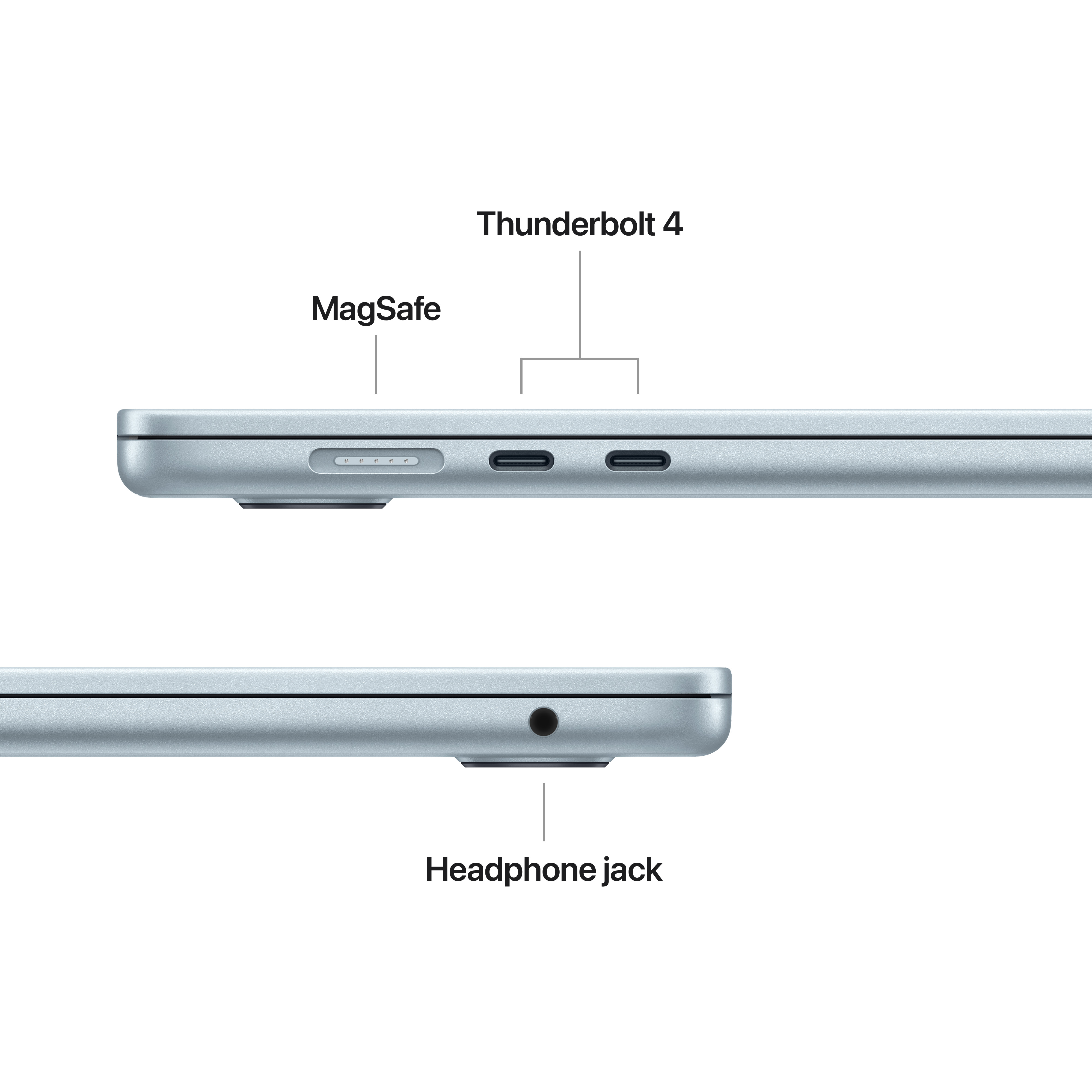 Vue latérale de l'ordinateur portable montrant le port MagSafe, les ports Thunderbolt 4 et la prise casque.