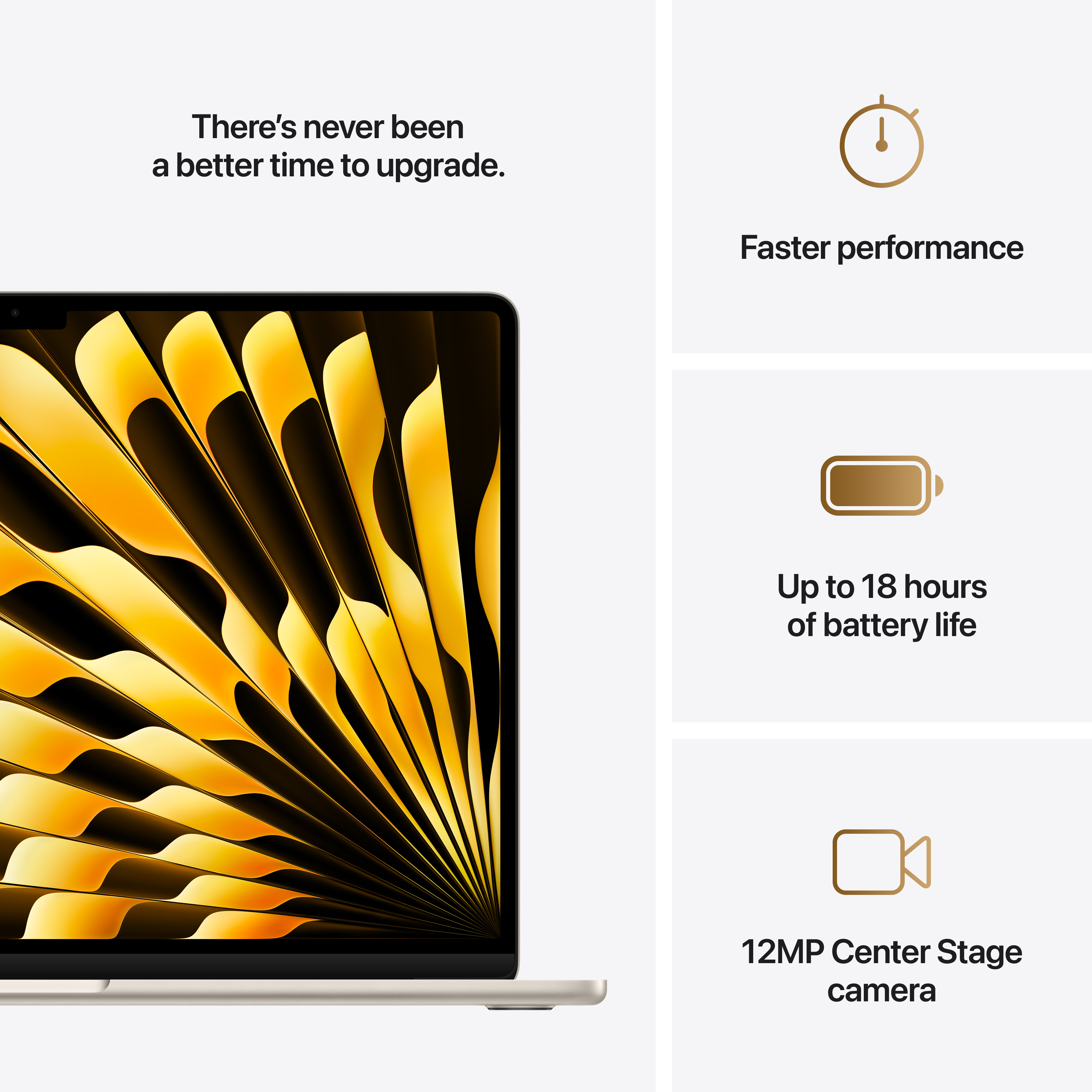 Un ordinateur portable avec texte et icônes de fonctionnalités, sur fond blanc.