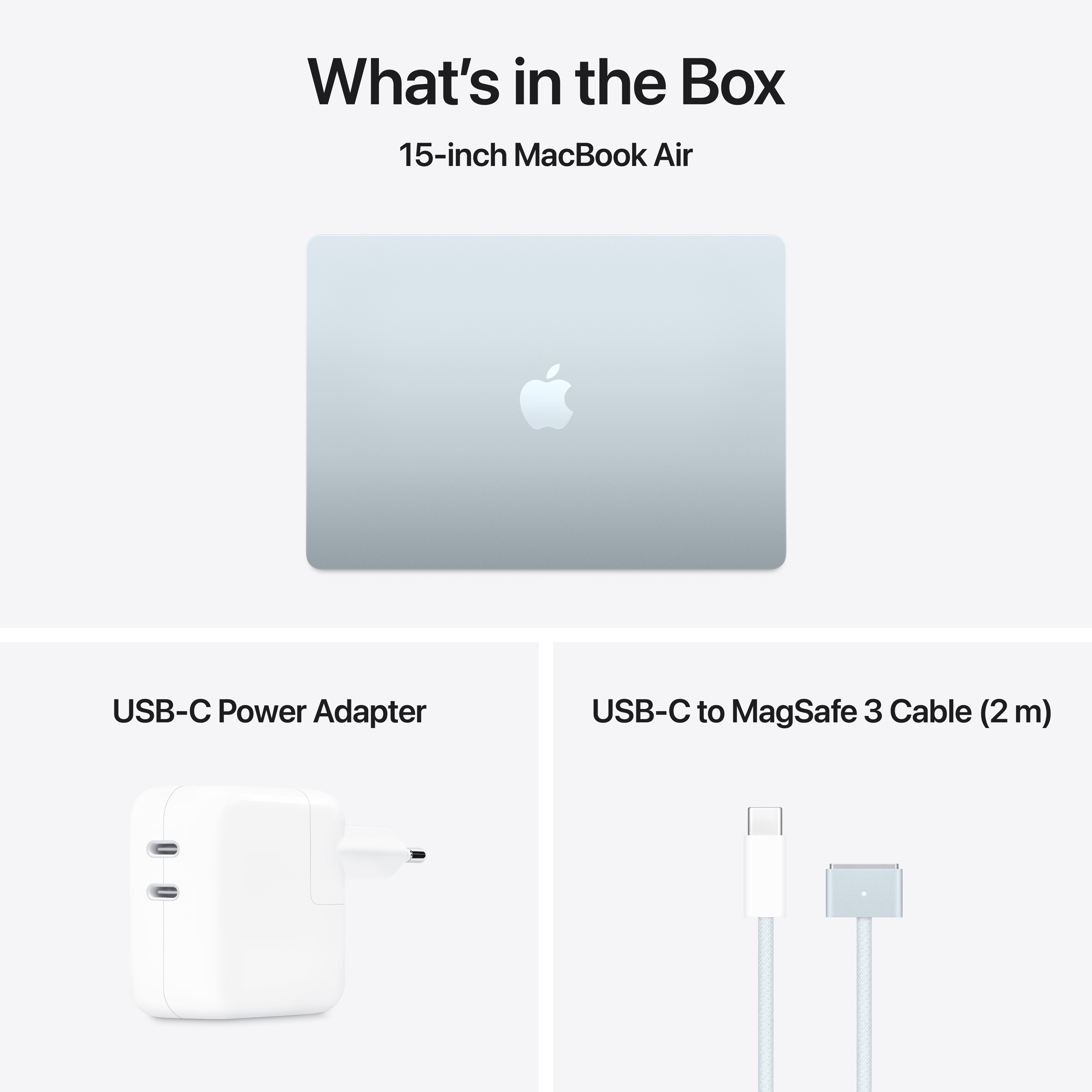 Contenu de la boîte : Ordinateur portable, adaptateur secteur et câble USB-C vers MagSafe 3.