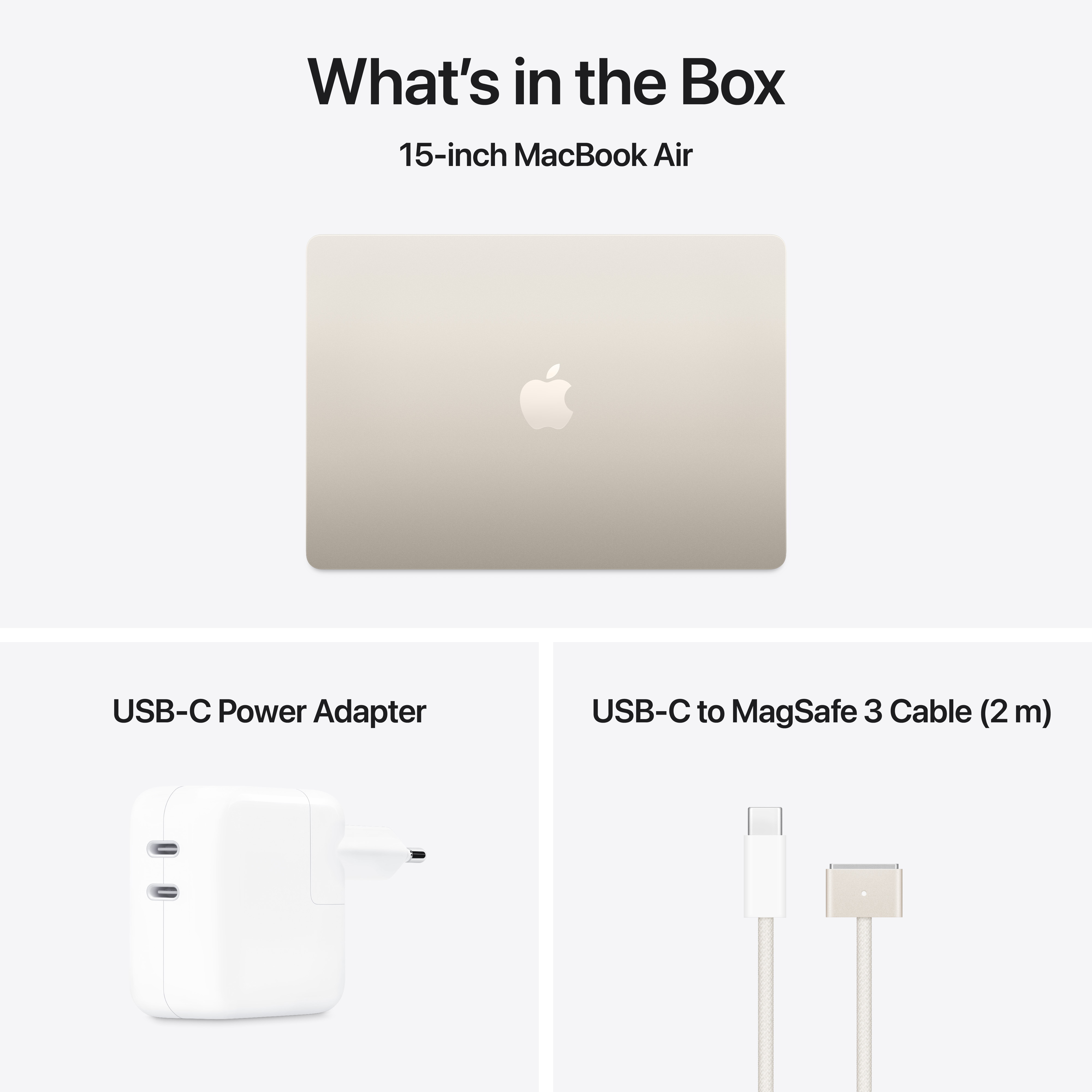 Contenu de la boîte d'un MacBook Air, comprenant l'ordinateur portable, un adaptateur secteur USB-C et un câble USB-C vers MagSafe 3.