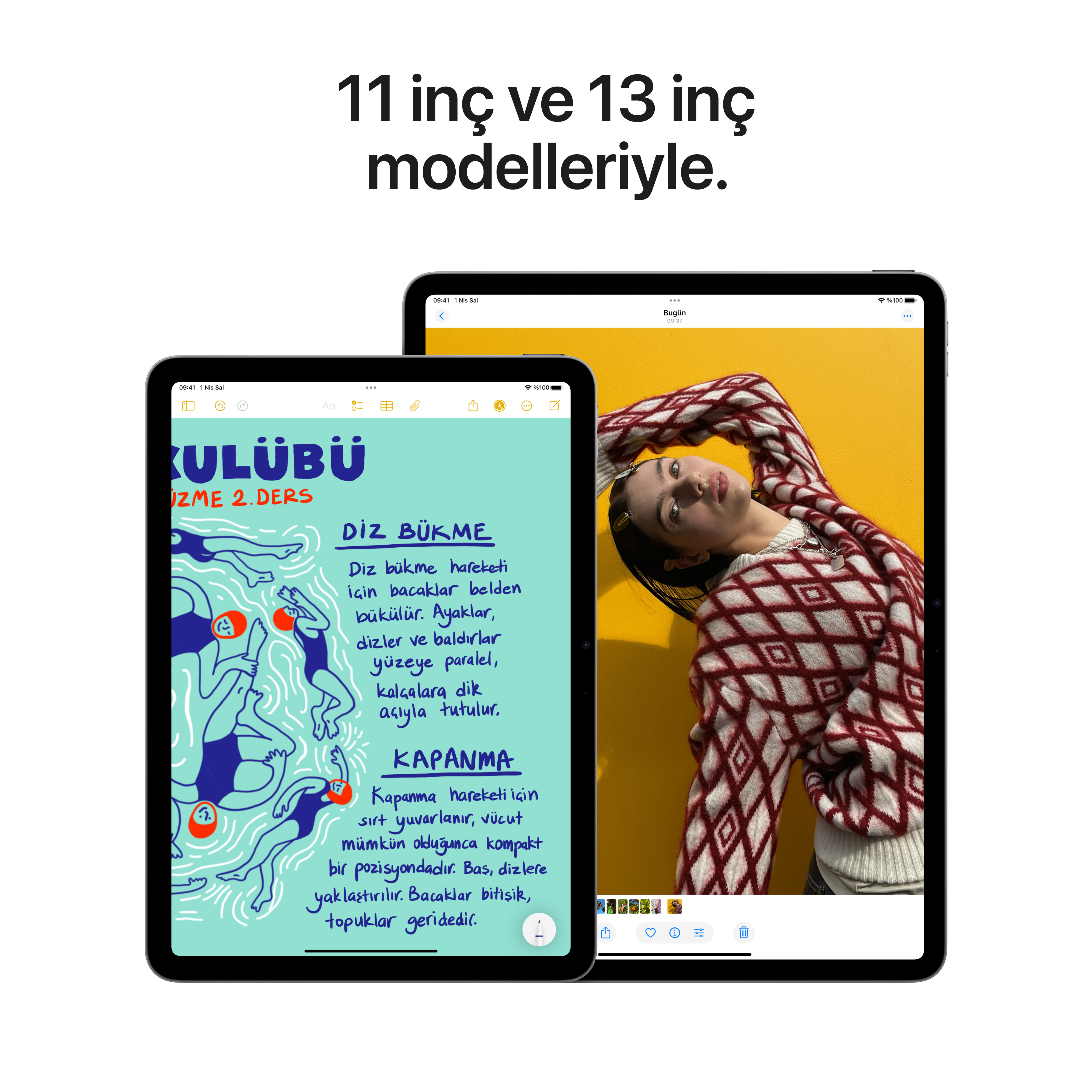 Uygulama ekranları gösteren iki iPad, Türkçe metin ile.