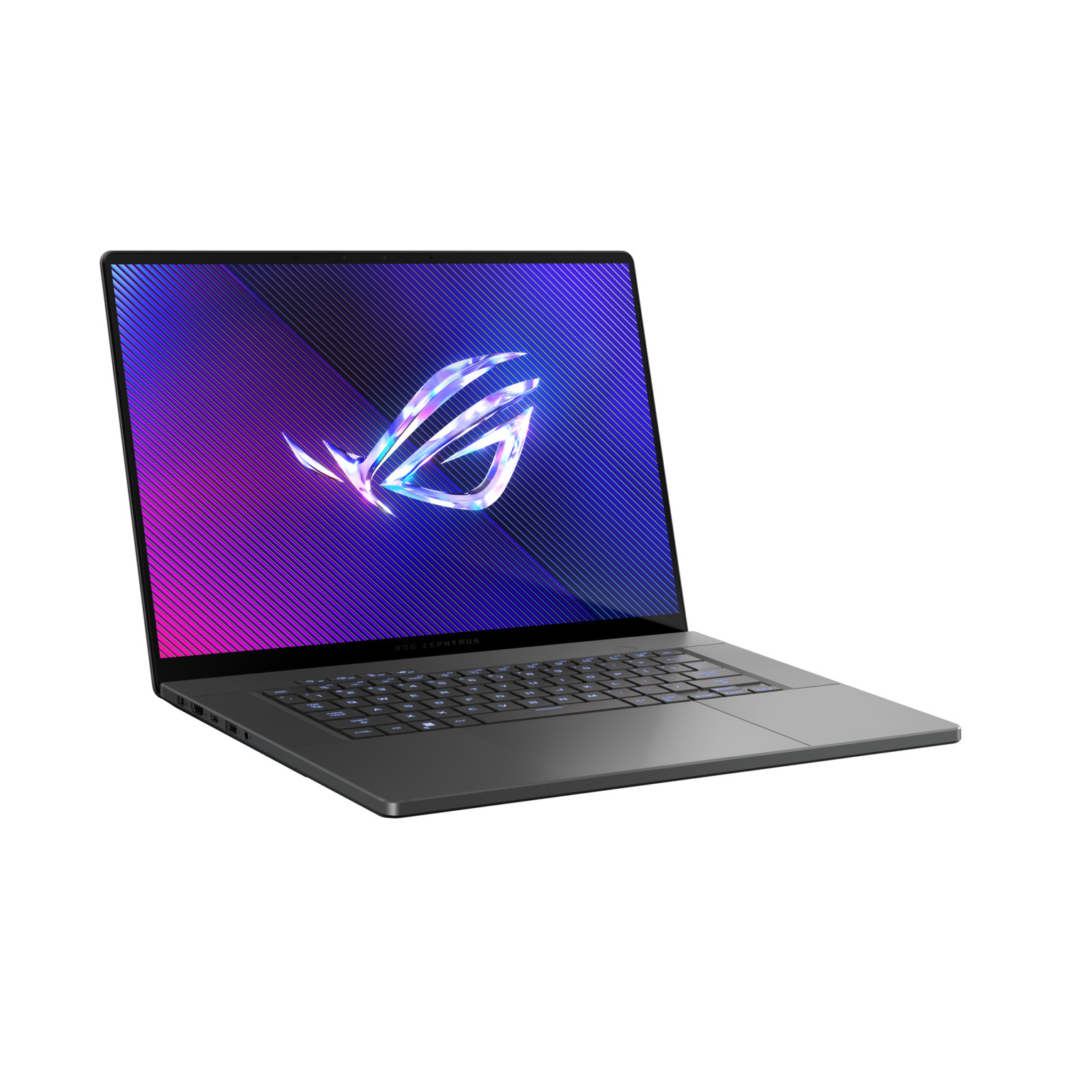 Zwarte laptop met een scherm met een logo. Toetsenbord is zichtbaar. Schuine weergave.