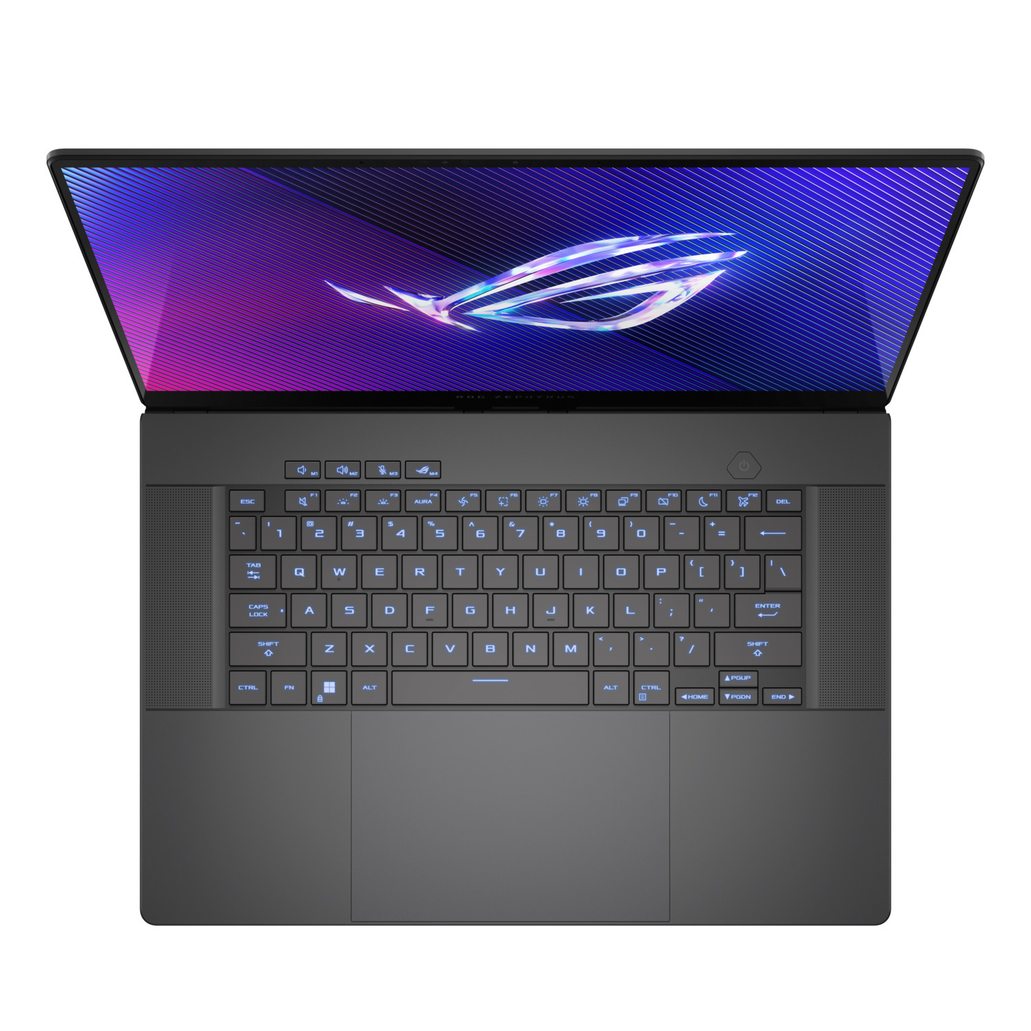 Laptoptoetsenbord van bovenaf, met toetsen, blauw en paars verlicht.