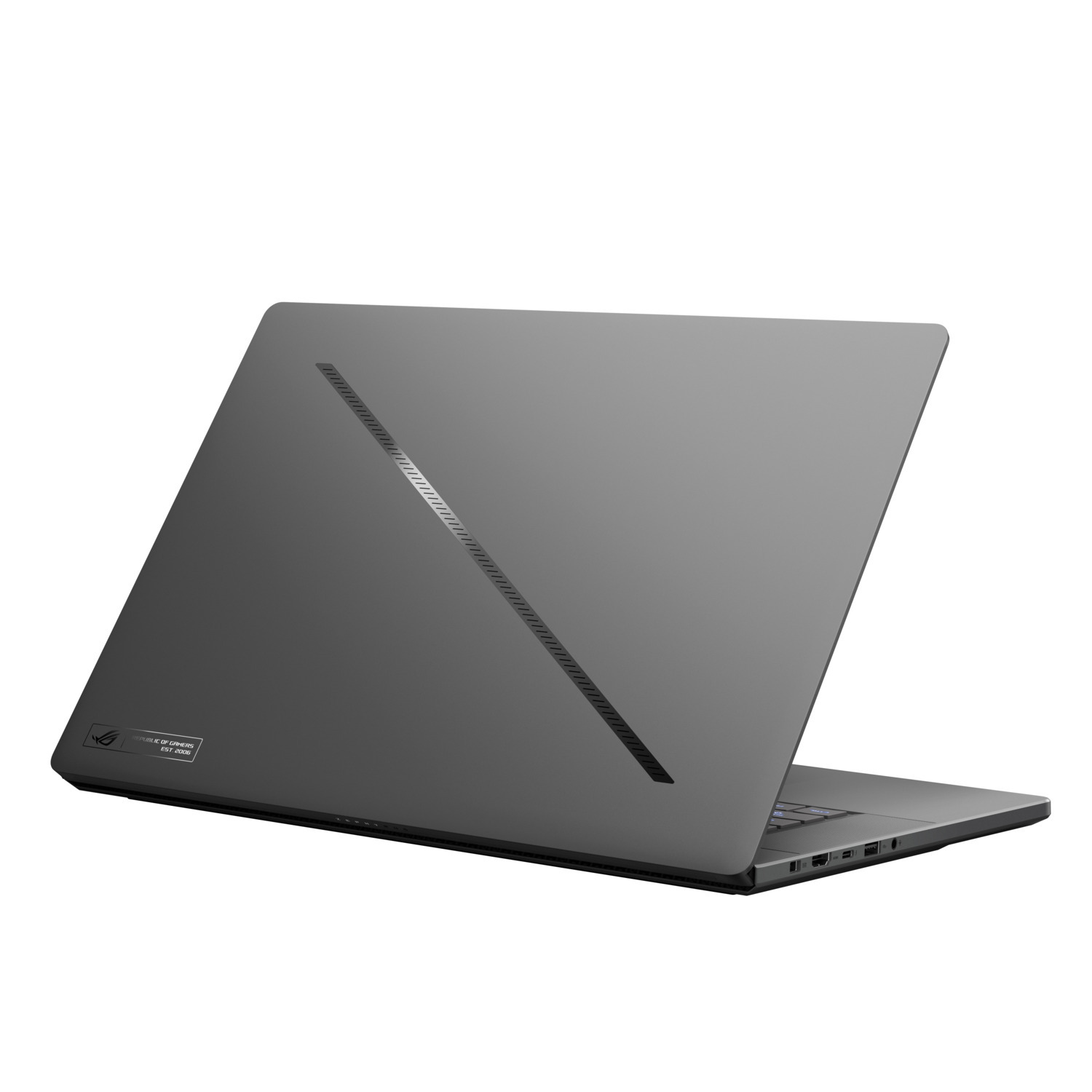 Donkergrijze laptop, achteraanzicht, schuin. Toont een logo en een designstreep.