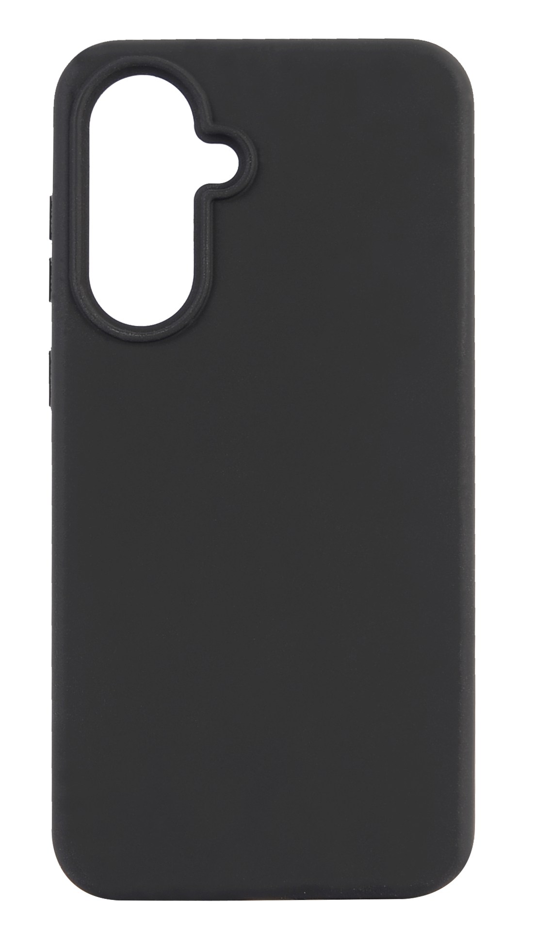 Schwarze Handyhülle mit Kameraausschnitt und Knopflöchern, schlichtes Design.