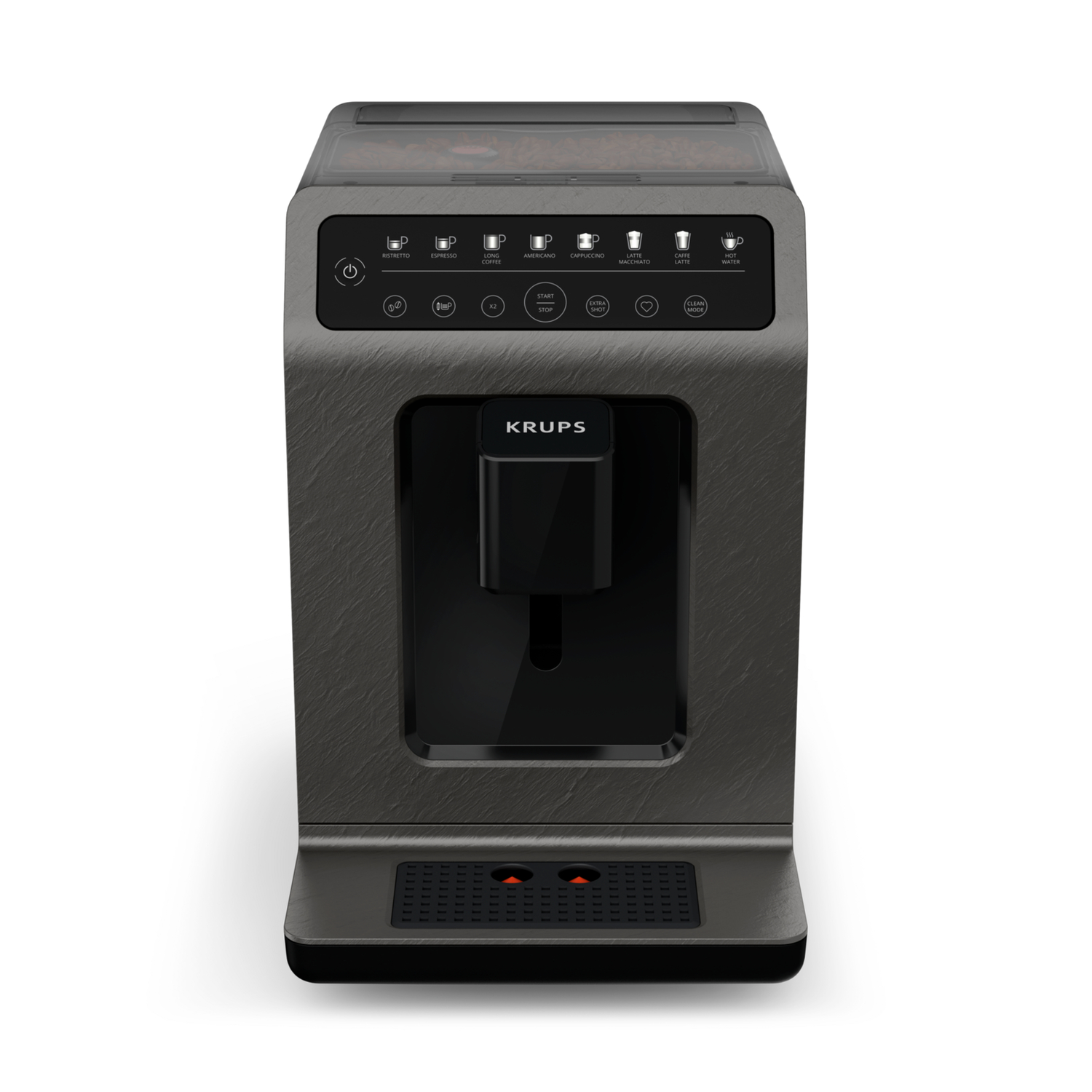 Een Krups koffiemachine, met een zwart voorpaneel en diverse knoppen. Zilver en zwart kleurenschema.