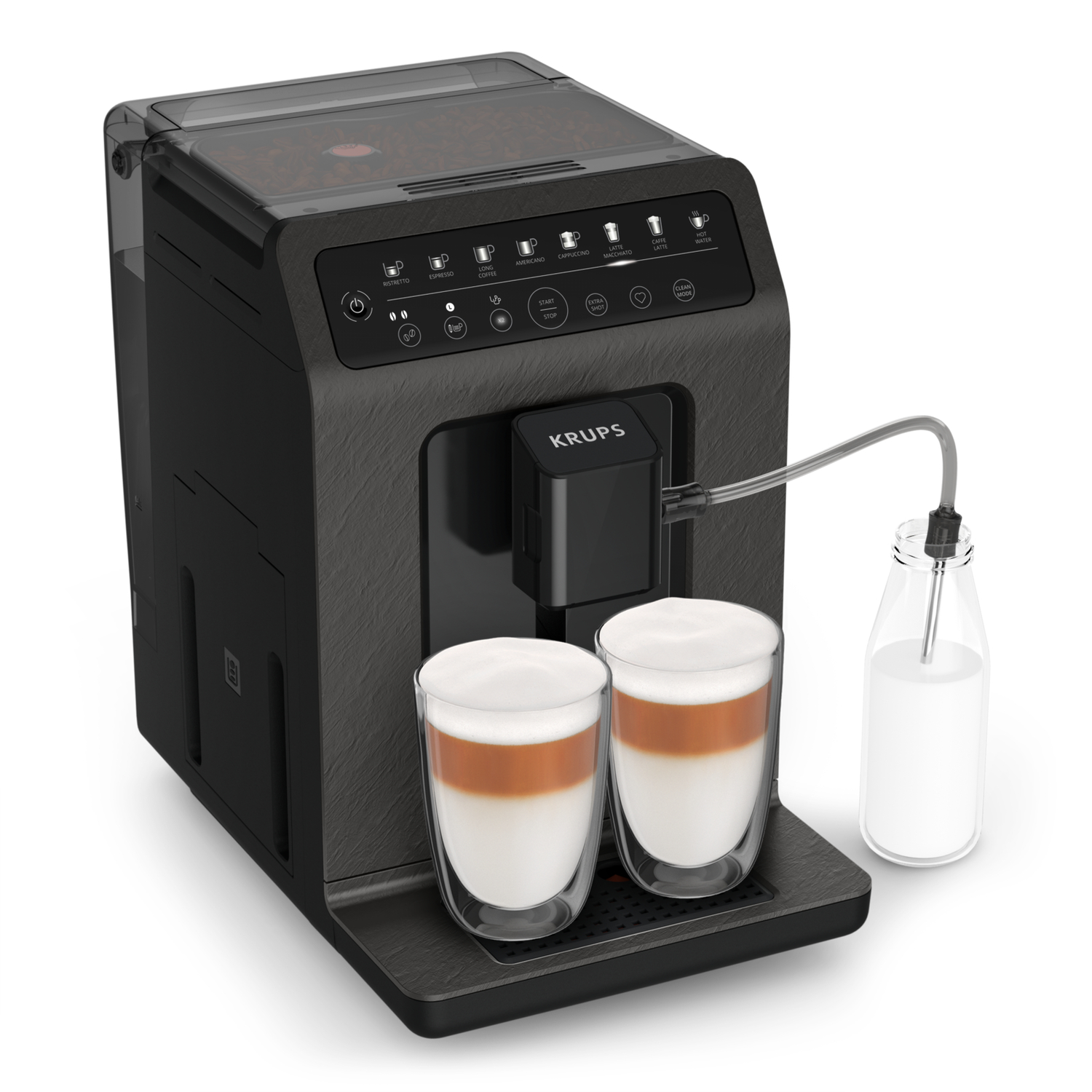 Zwarte Krups koffiemachine met twee latteglazen en een melkfles.