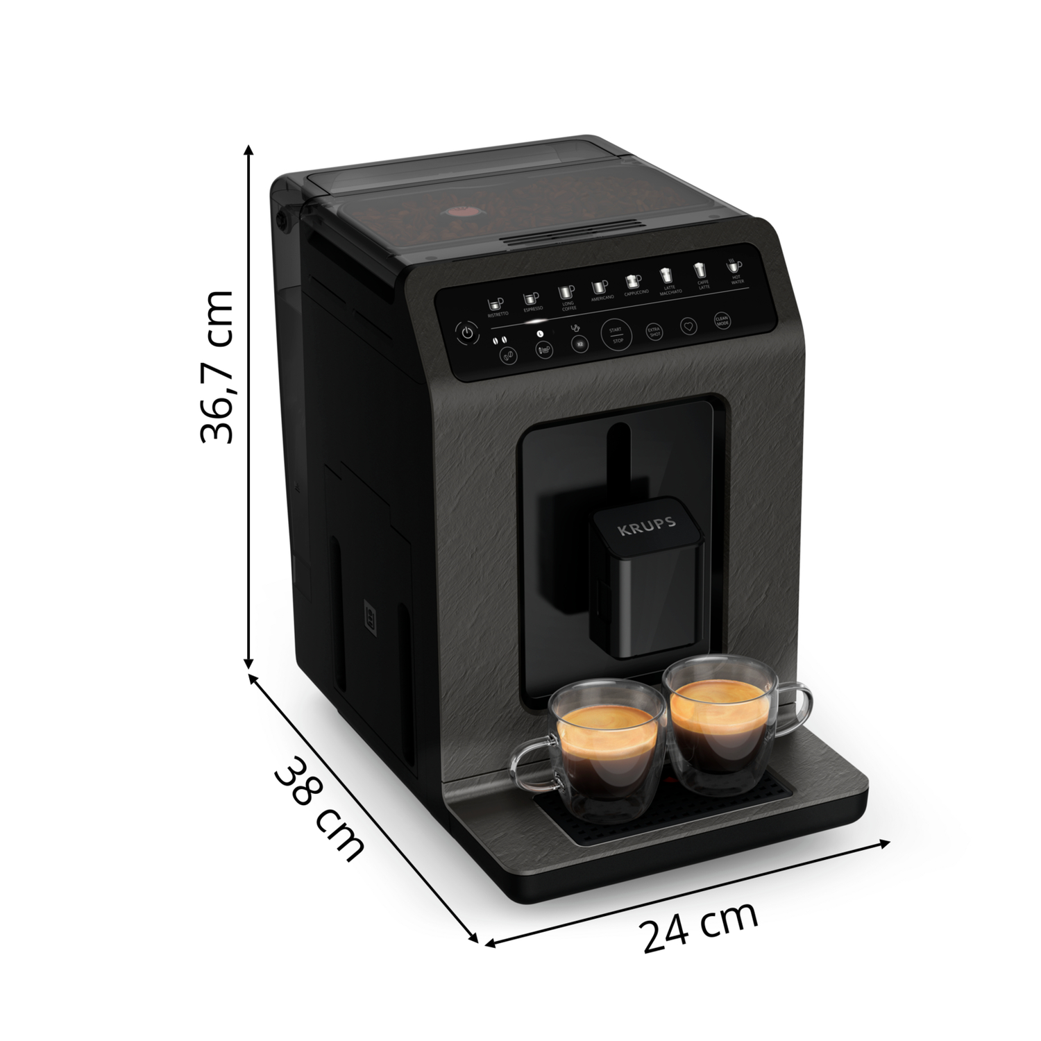 Zwarte en grijze koffiemachine met twee glazen kopjes. Afmetingen: 36,7 cm x 38 cm x 24 cm.