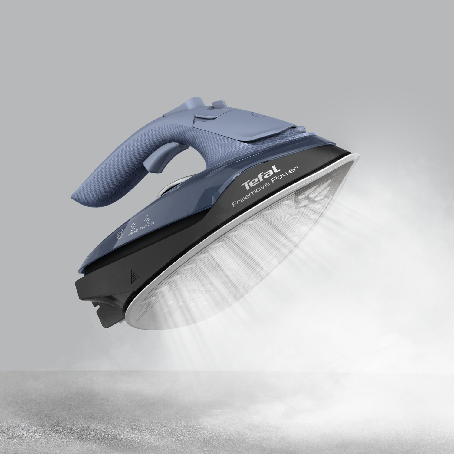 Tefal iron. Blue handle and body, black base. Steam rising. Grey background.