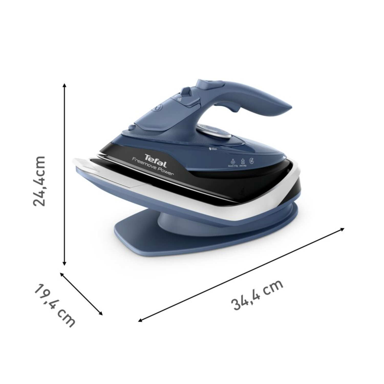 Blue iron with measurements. White background.