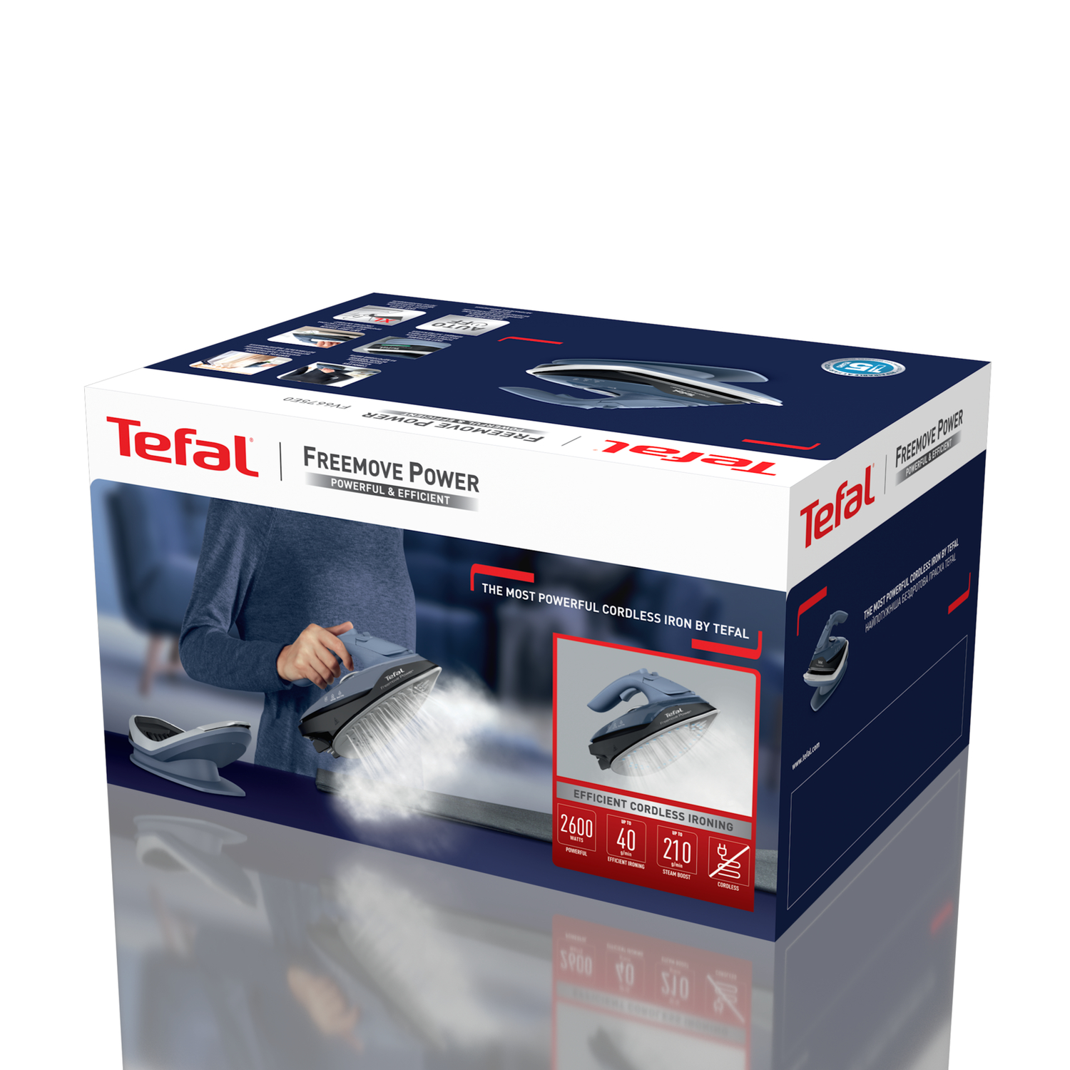 Box of Tefal Freemoove Power iron, showing a woman ironing and product features.