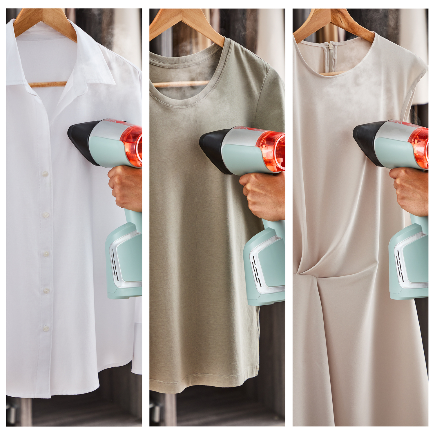 Drie afbeeldingen: een wit overhemd, een groen t-shirt en een jurk worden gestoomd met een handheld steamer.