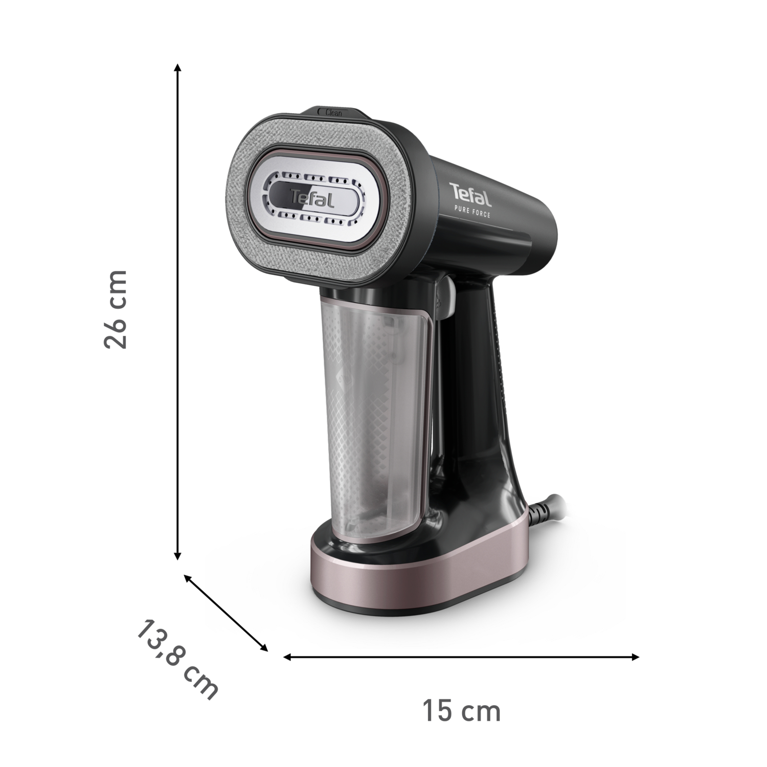 Black and rose gold Tefal Pure Force garment steamer with dimensions labeled on white background.