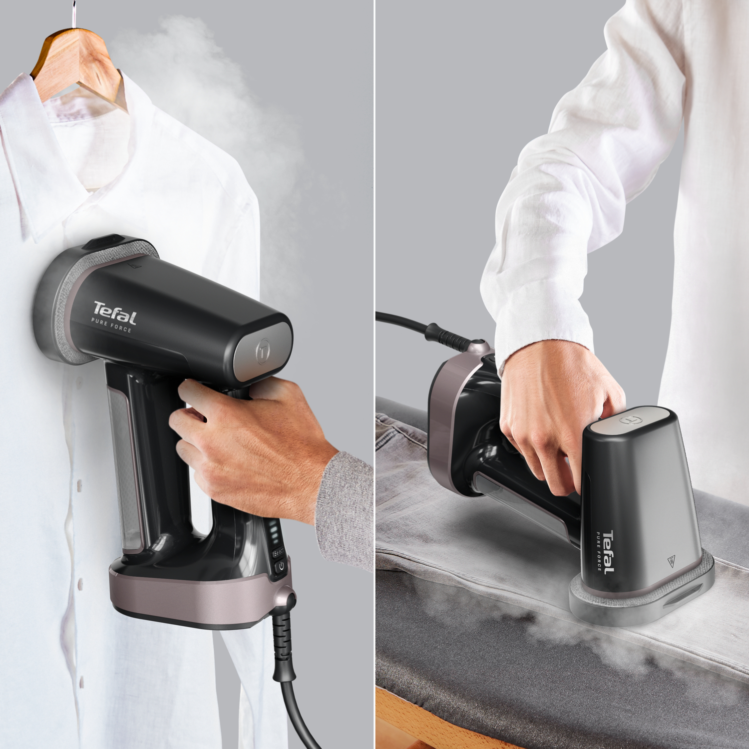 Two images: a person steaming a white shirt and jeans.