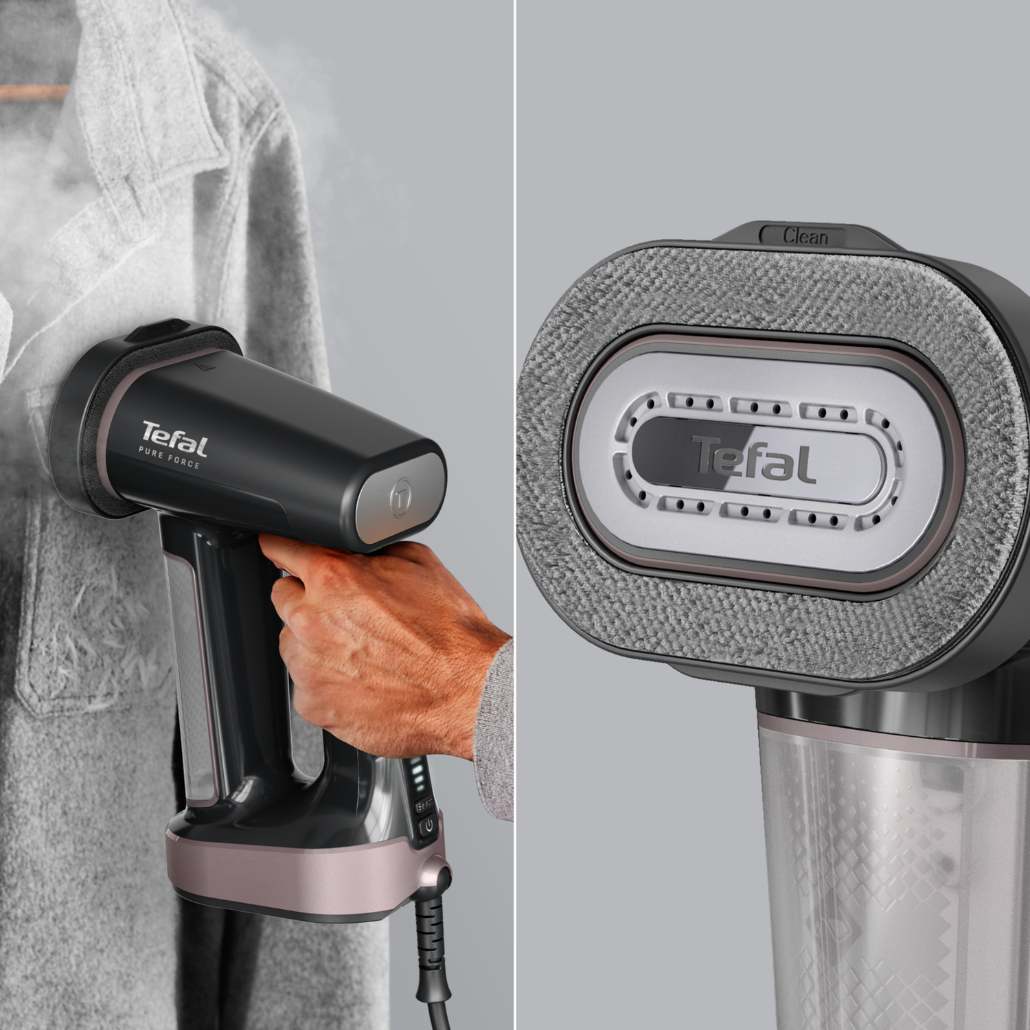 A close-up of a Tefal garment steamer, showing steam and the steamer head.