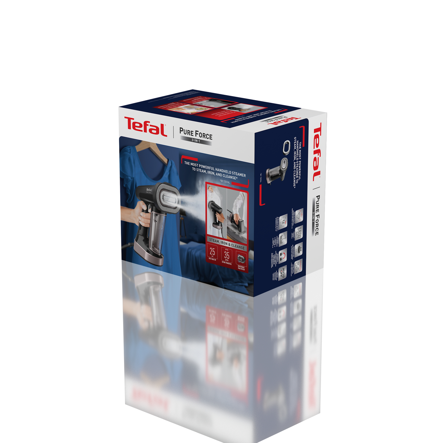 Box with Tefal Pure Force 3-in-1 steamer. The box has images of the product and information.