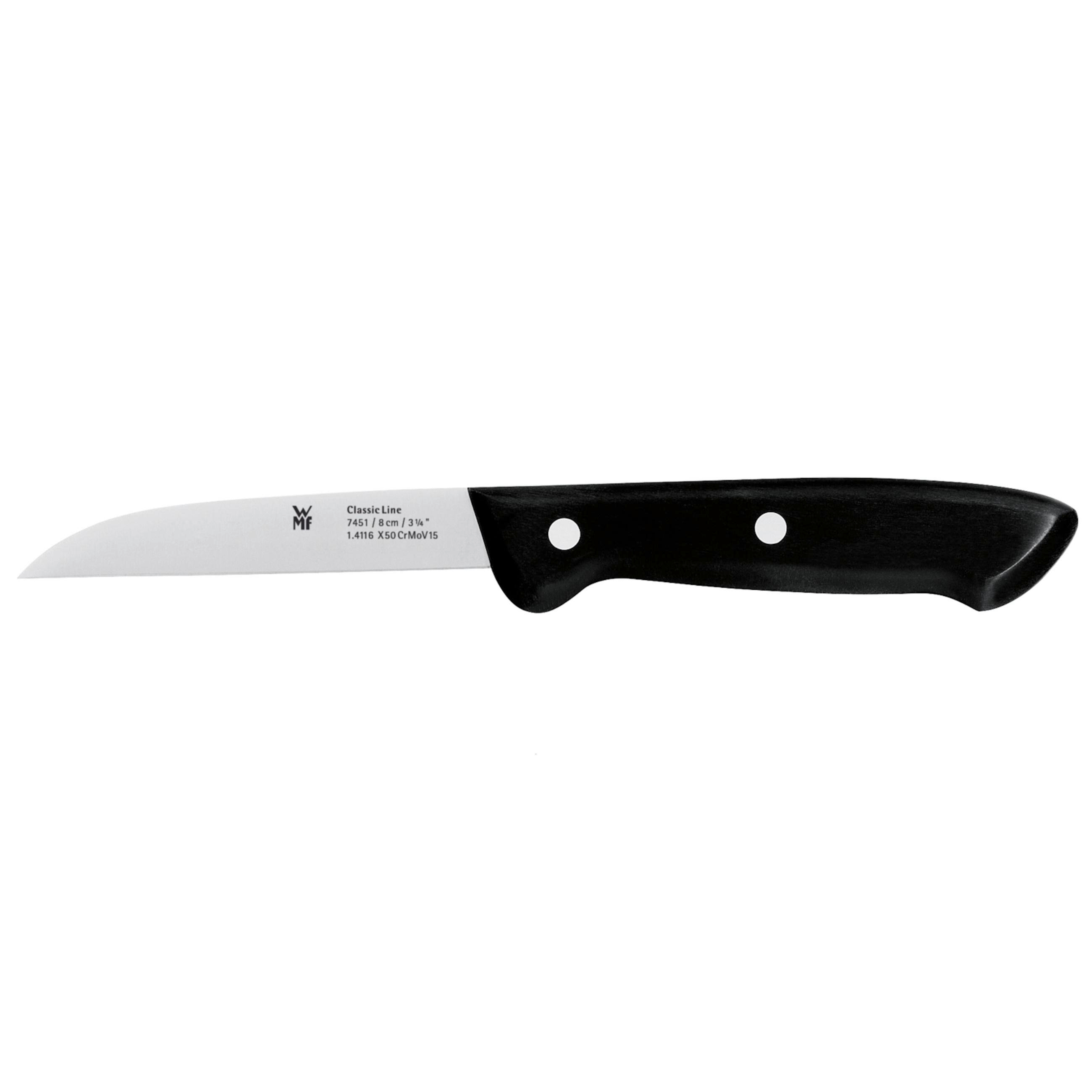 Ein schwarzes Messer mit schwarzem Griff auf weißem Hintergrund, für eine klare Sicht angewinkelt.