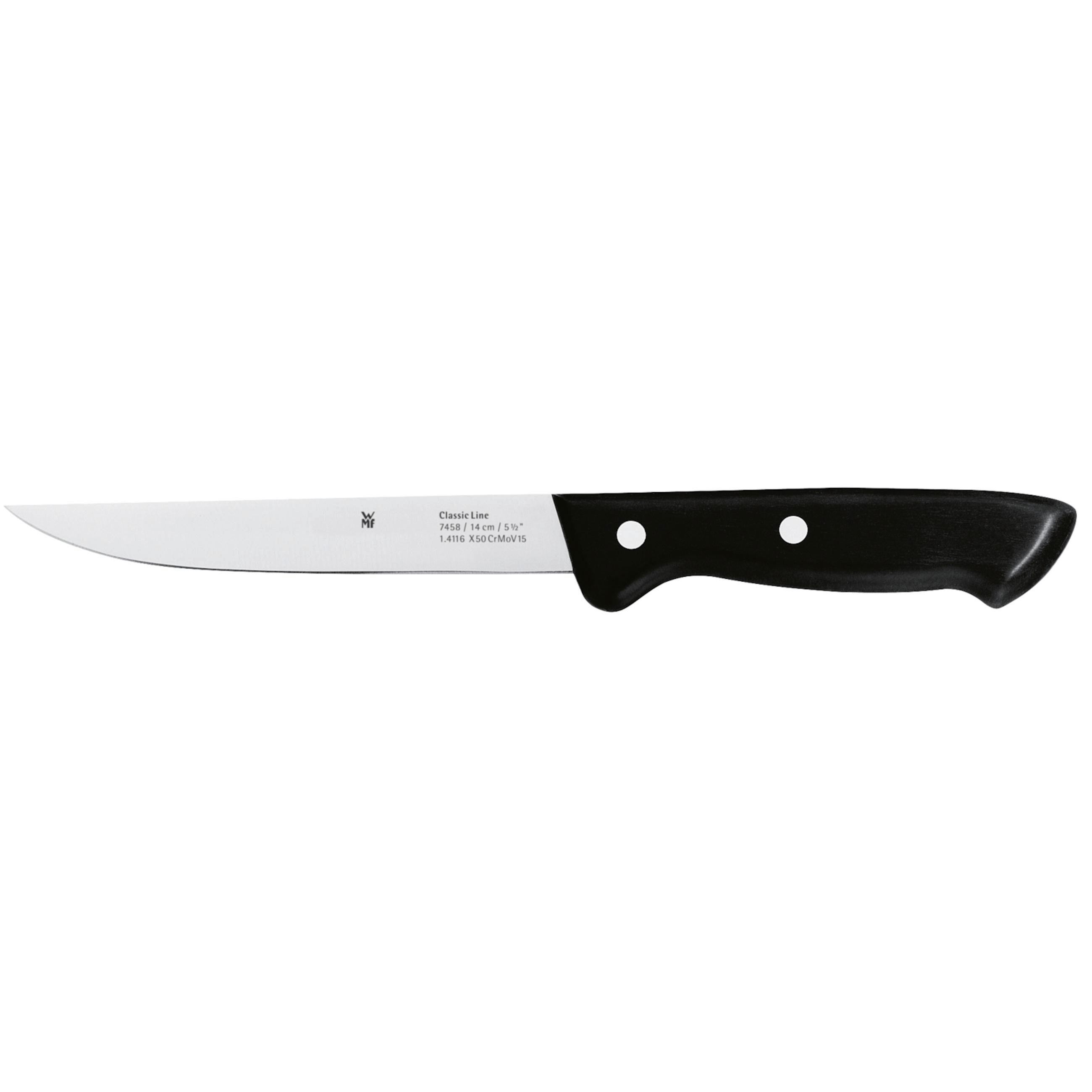Ein Küchenmesser mit schwarzem Griff und silberner Klinge.