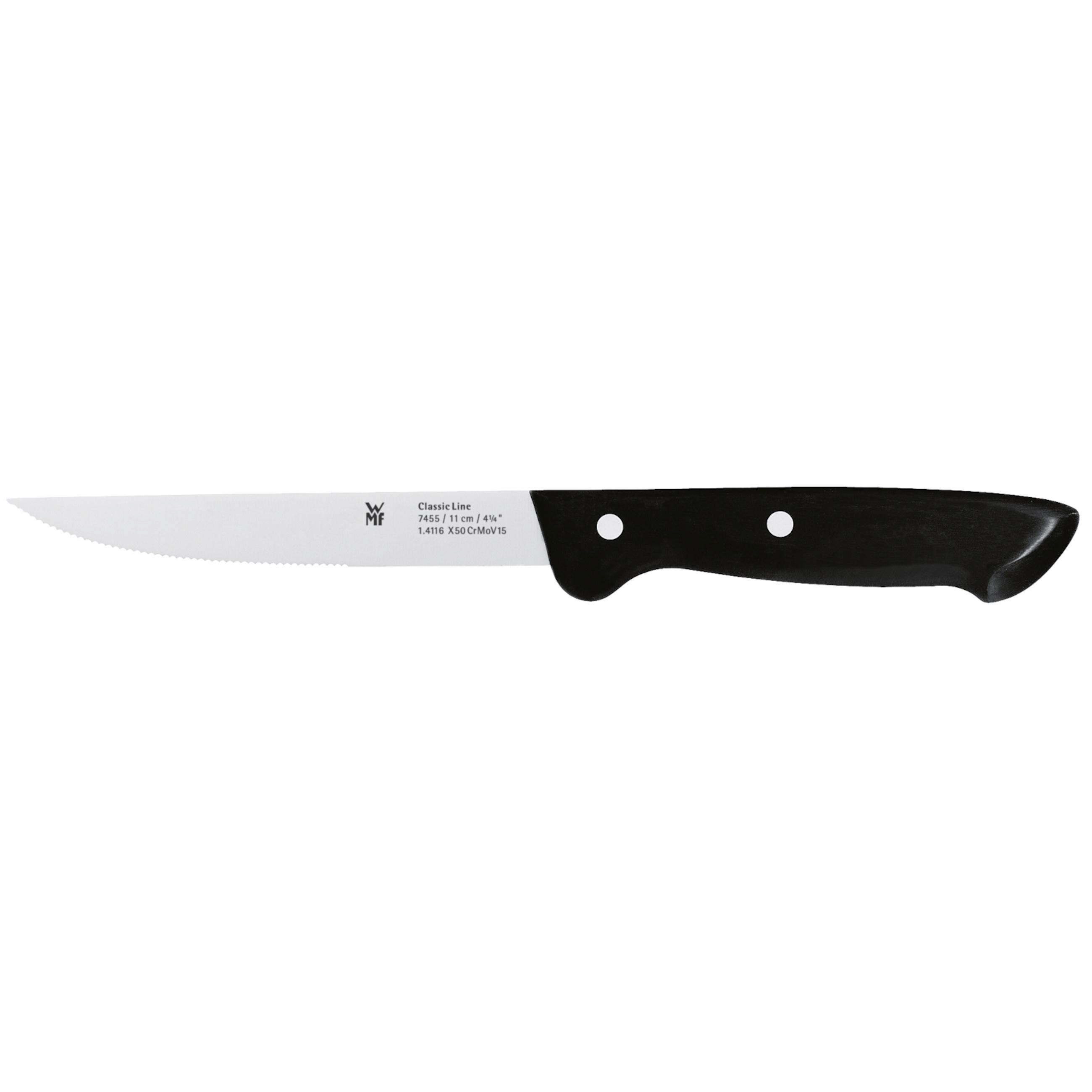 Messer mit schwarzem Griff, silberner Klinge, auf weißem Hintergrund.