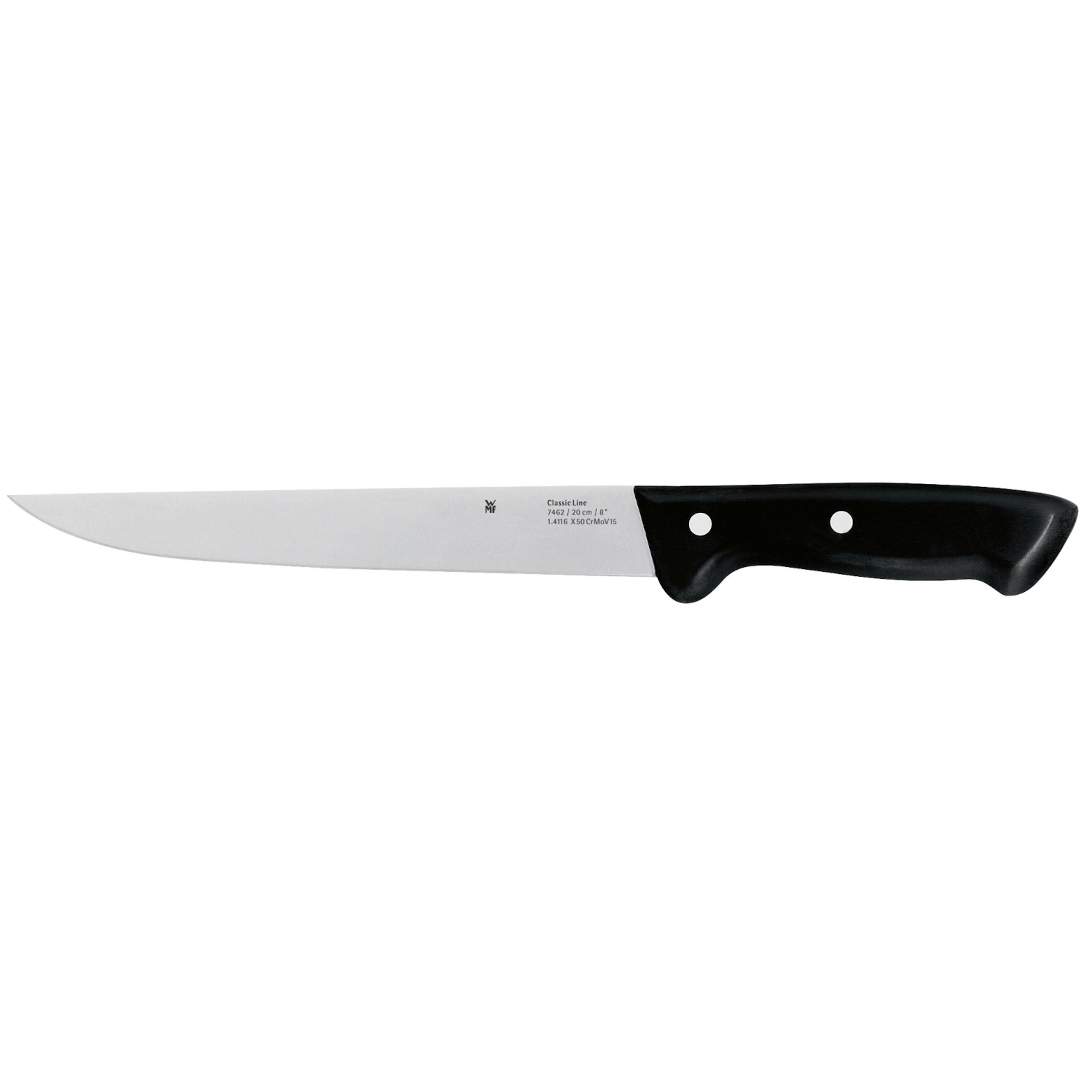 Ein schwarzes Messer mit silberner Klinge und schwarzem Griff.