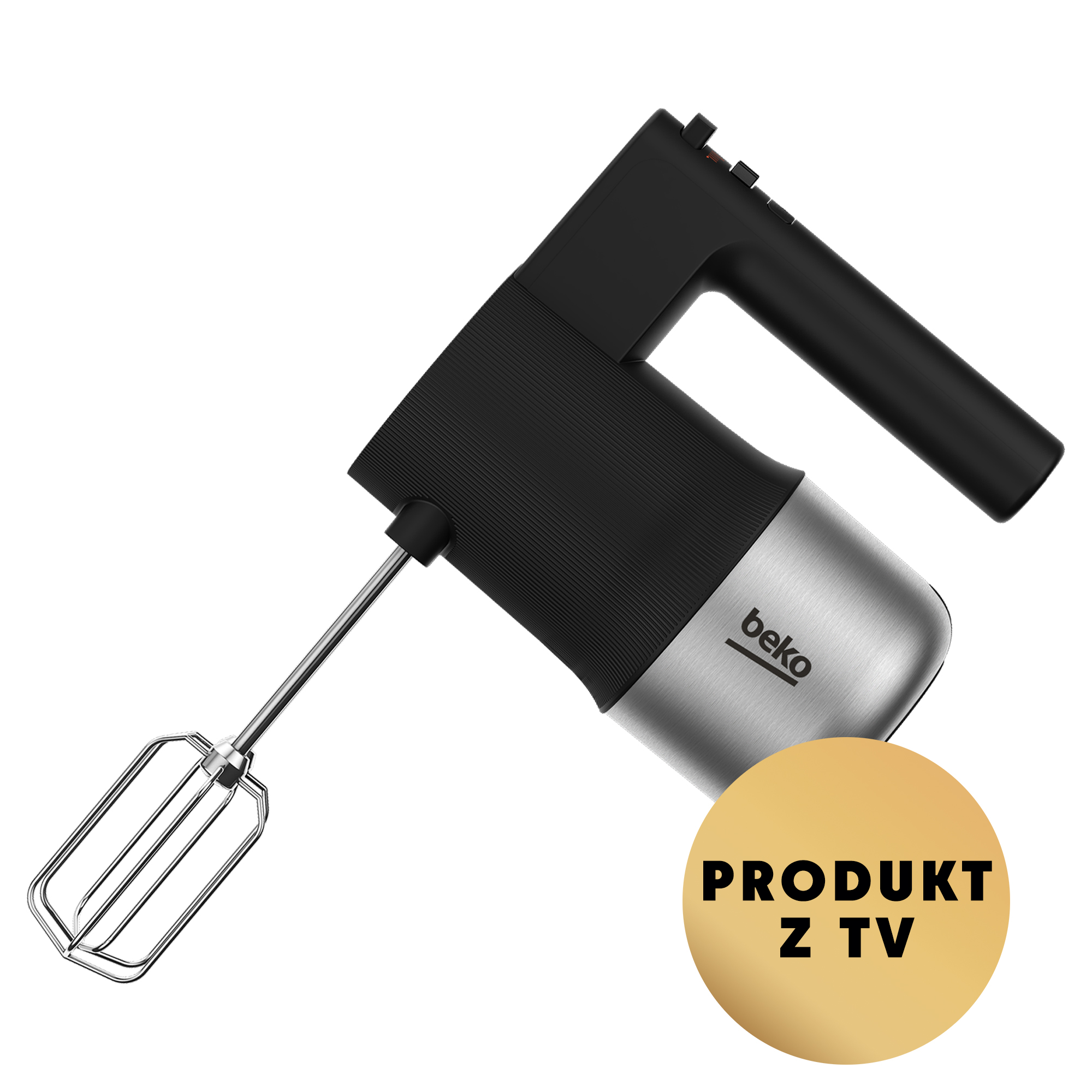 Mikser ręczny Beko, czarno-srebrny, widok pod kątem z naklejką 'PRODUKT Z TV'.