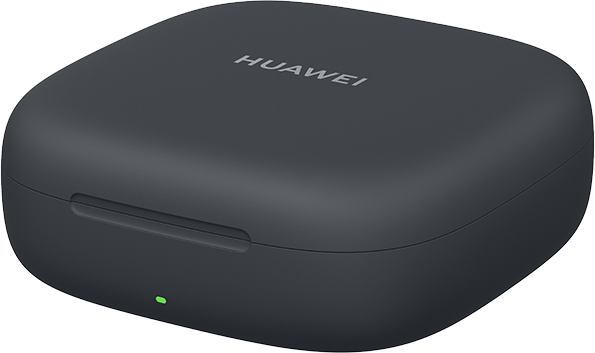 Egy zárt fekete Huawei fülhallgató töltőtok zöld LED-del.