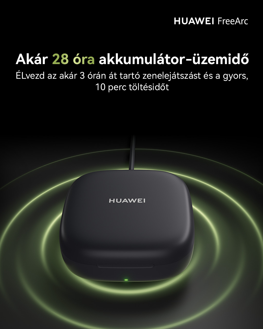Fekete töltőtok HUAWEI logóval és zöld fénnyel, zöld körökkel körülvéve. Magyar nyelvű szöveg.
