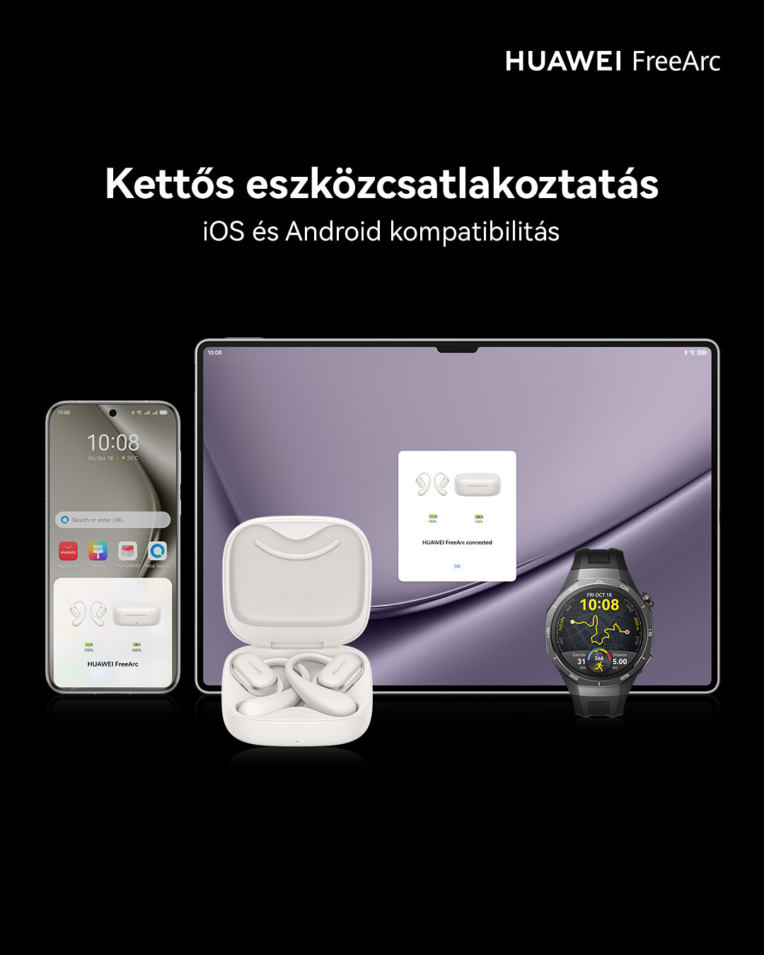 Egy okostelefon, fülhallgató és egy okosóra látható, háttérben szöveggel.