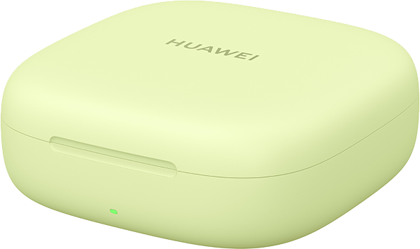 Világoszöld vezeték nélküli fülhallgató töltőtok, a fedélen a 'HUAWEI' felirattal.