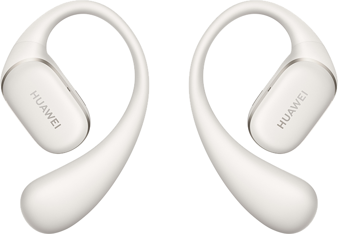 Fehér Huawei fülhallgatók. A fülhallgatók egyedi, fül köré fonódó dizájnnal rendelkeznek.