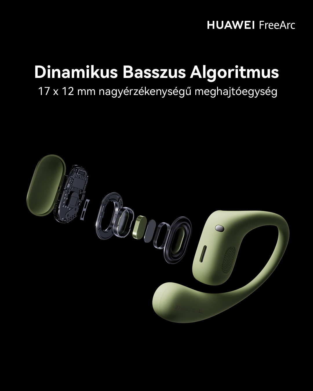 Fülhallgató belső nézete. A fülhallgatók zöldek, belső alkatrészekkel.