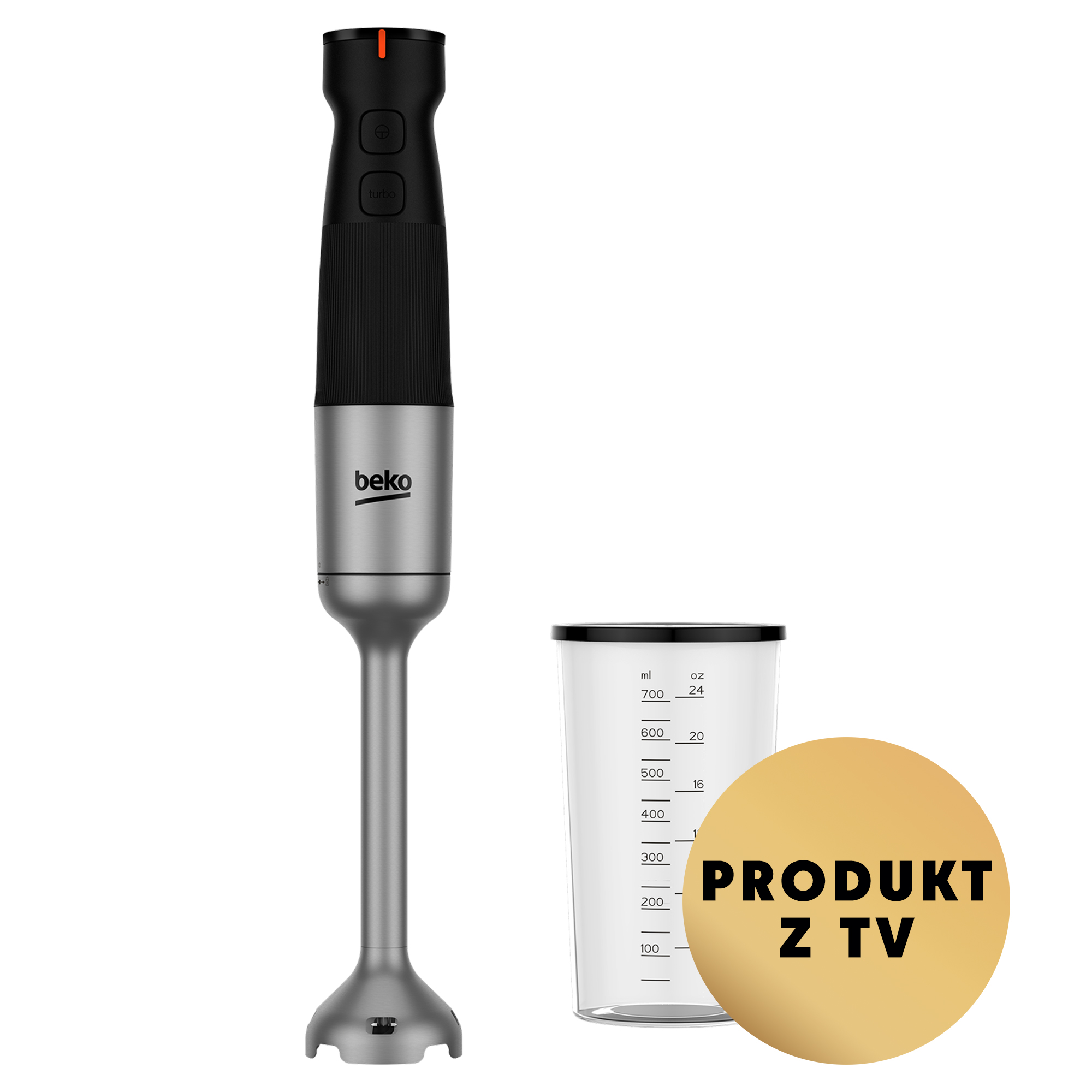 Blender ręczny Beko i miarka ze złotą etykietą na białym tle.