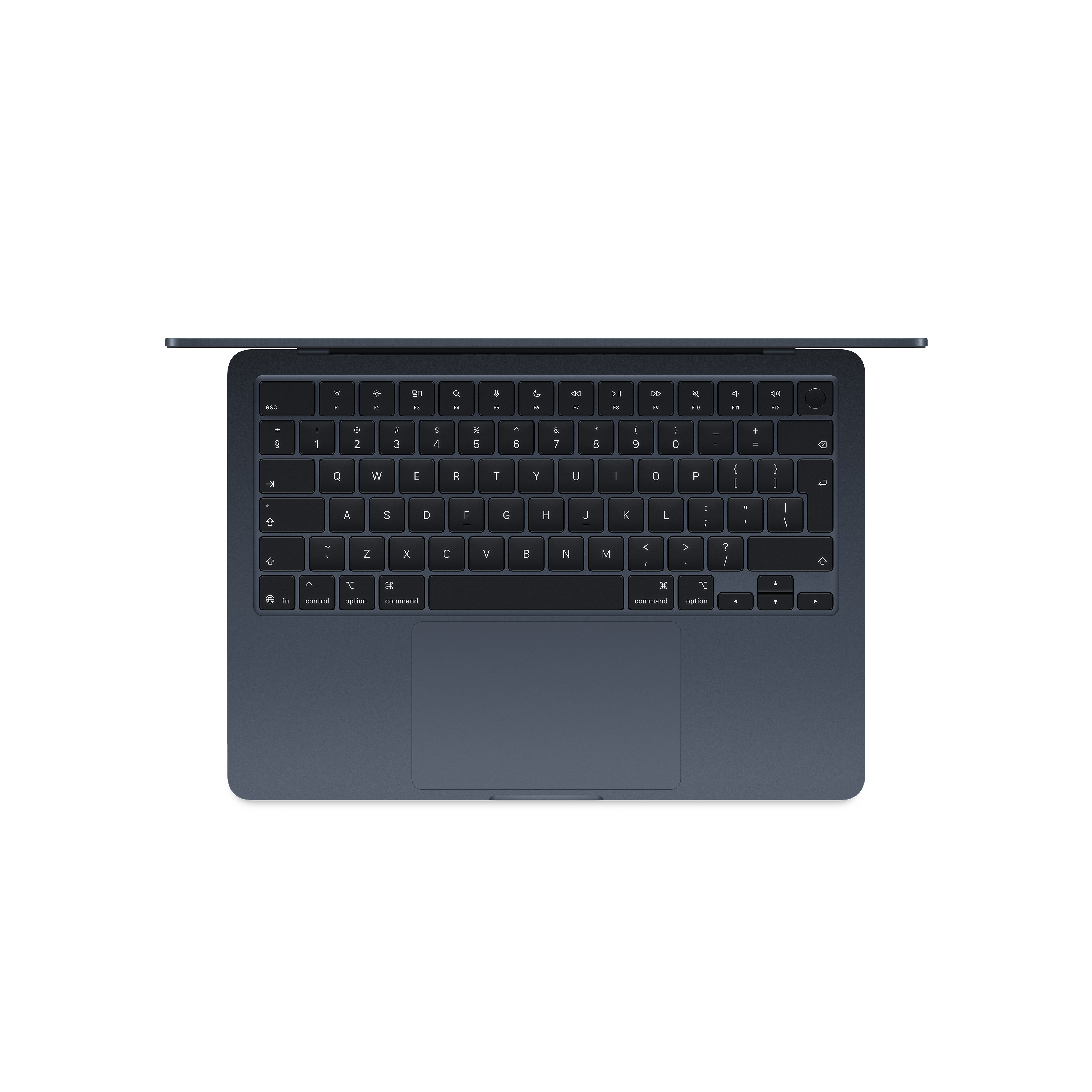 Draufsicht auf eine blaue Laptop-Tastatur und ein Trackpad auf weißem Hintergrund.