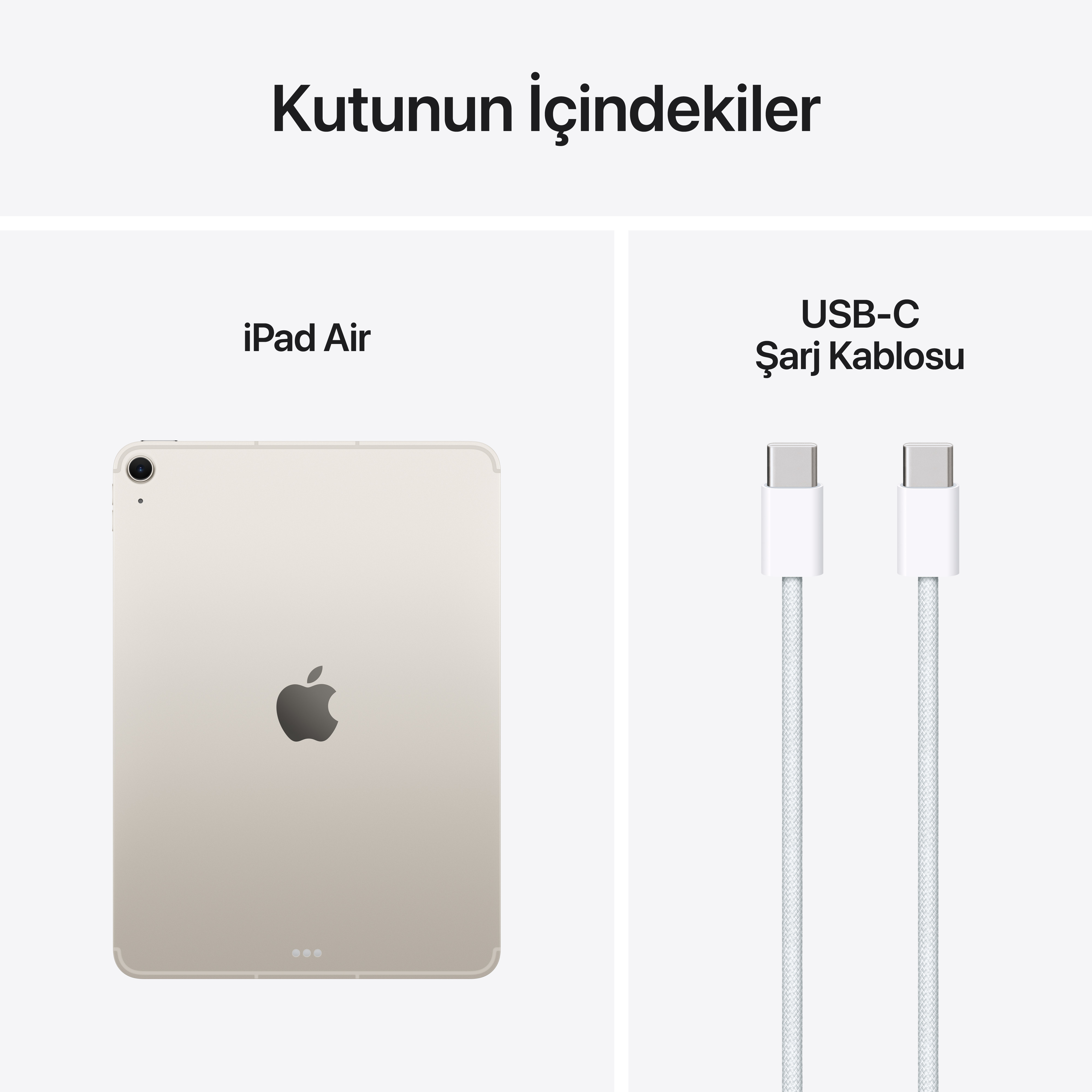 iPad Air ve USB-C şarj kablosu beyaz arka planda. iPad altın rengi.