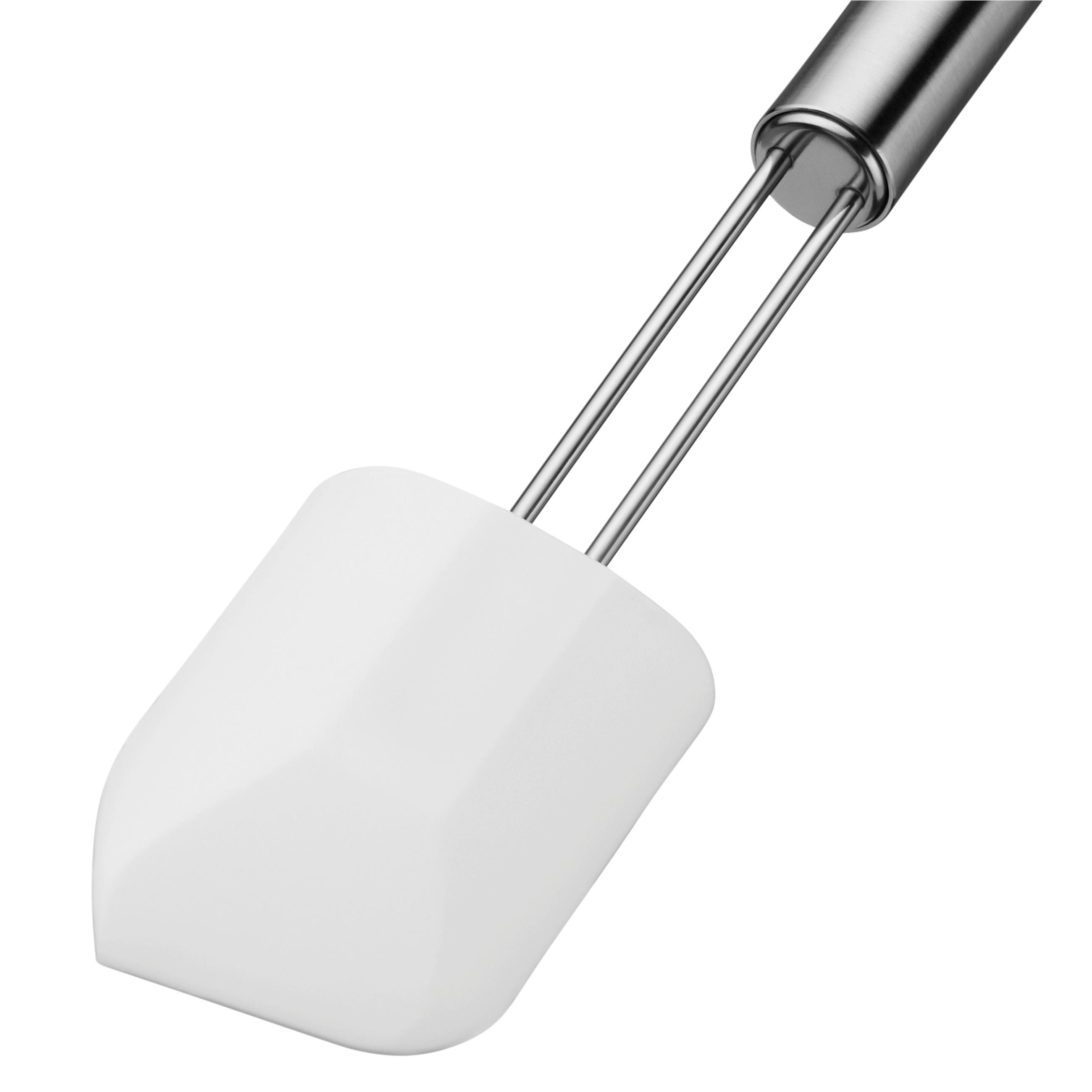 Ein weißer Silikon-Spatel mit Edelstahlgriff. Es ist ein Küchenutensil.