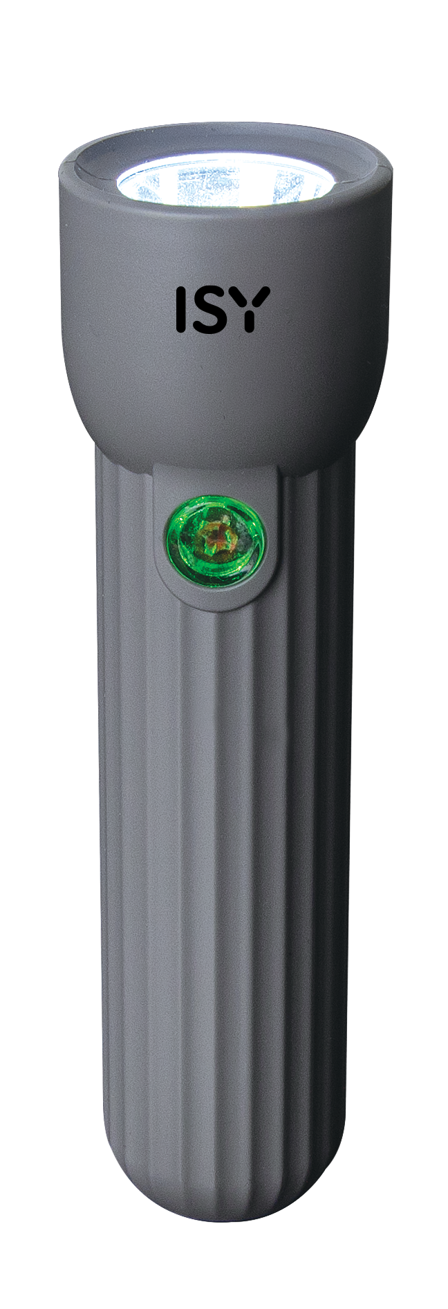 Szara latarka z logo ISY. Zielony przycisk znajduje się na środku latarki.