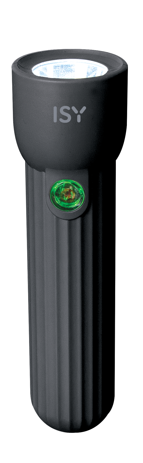Czarna latarka z zielonym przyciskiem i napisem ISY.