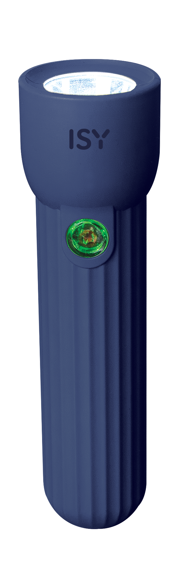Granatowa latarka z napisem ISY i zielonym przyciskiem.