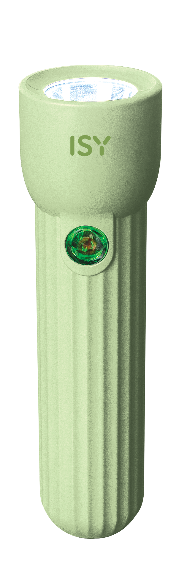 Zielona latarka z logo 'ISY', zielonym przyciskiem i żłobionym uchwytem.