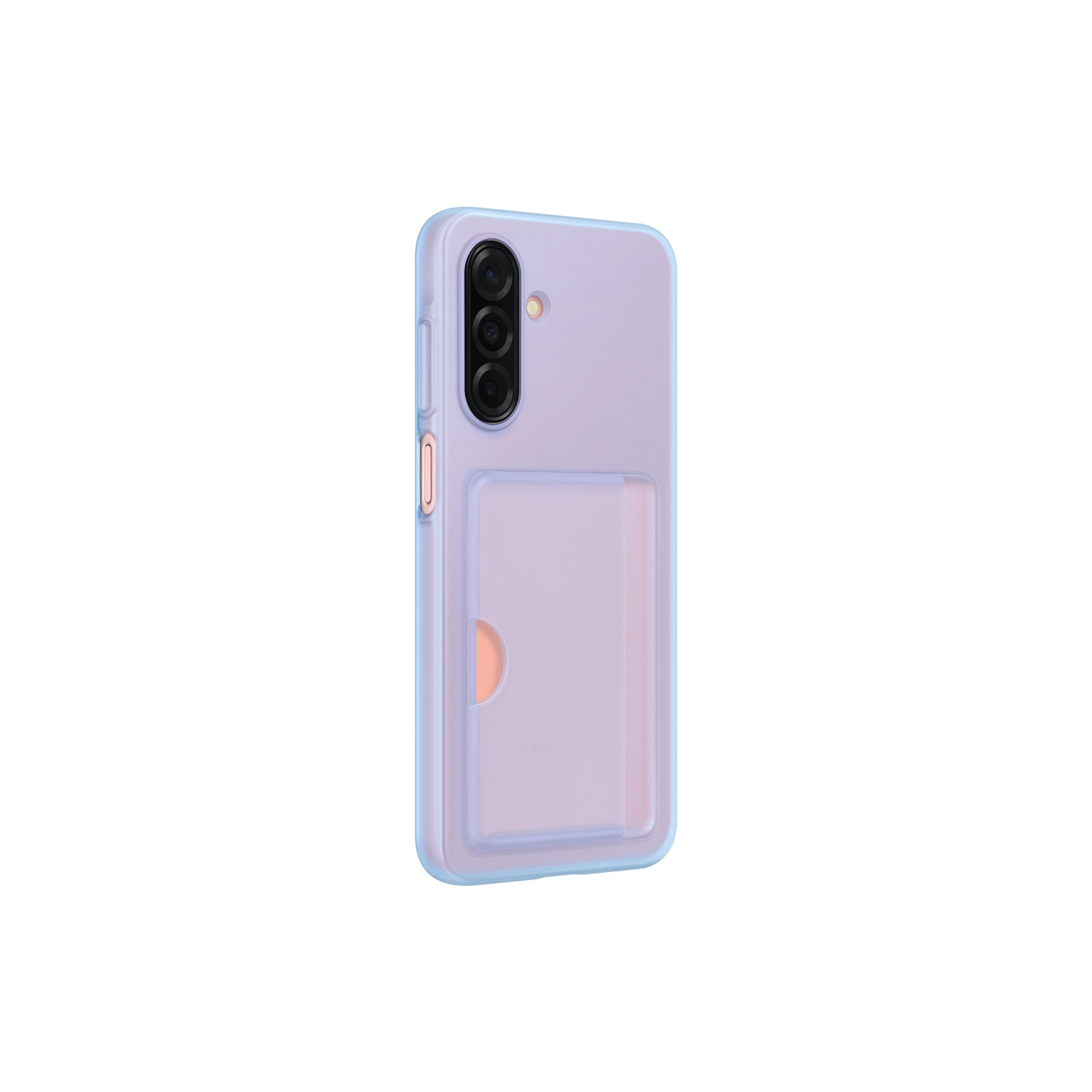 Une coque de téléphone violet clair avec un porte-cartes transparent sur fond blanc.
