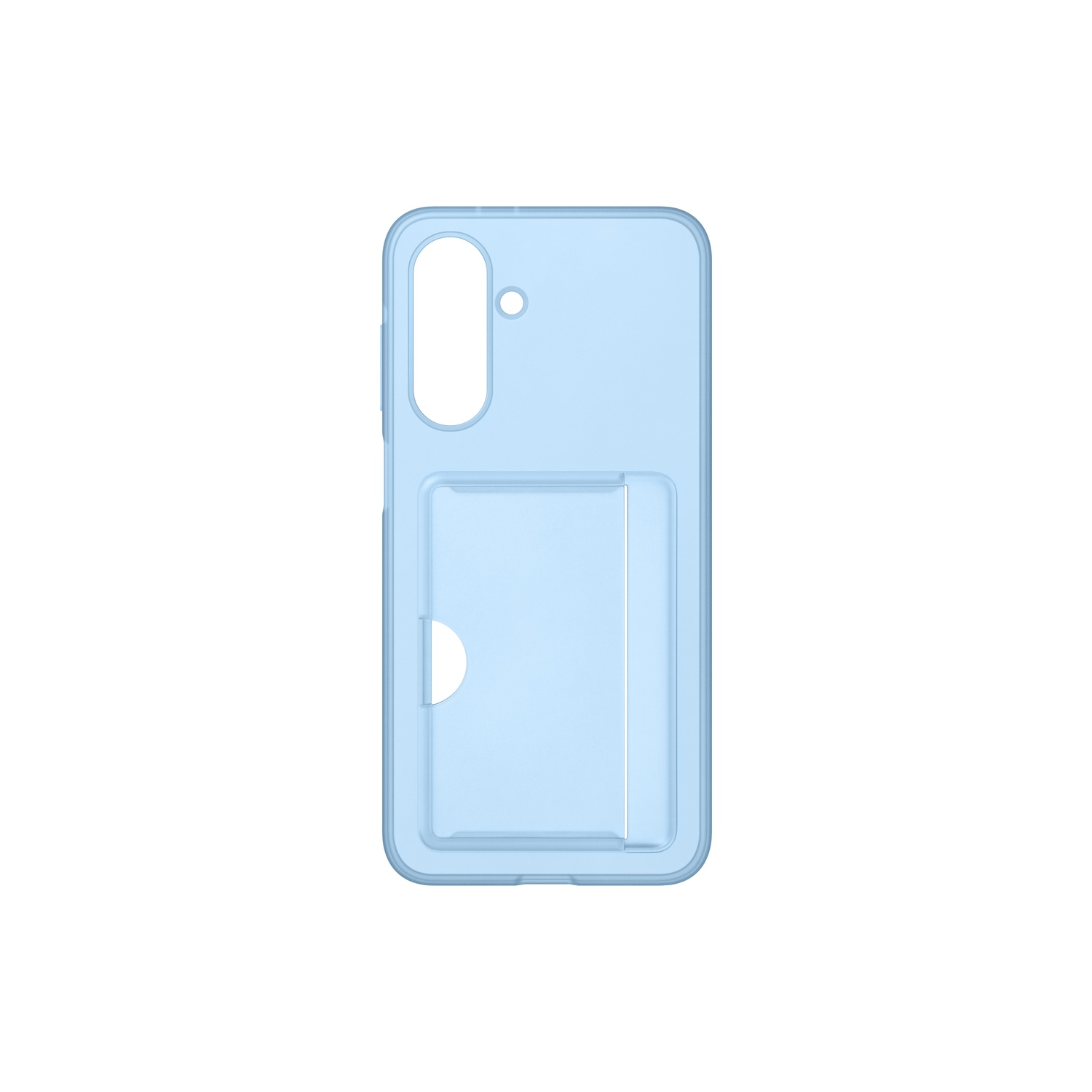 Un étui de téléphone bleu clair avec une fente pour carte est visible.
