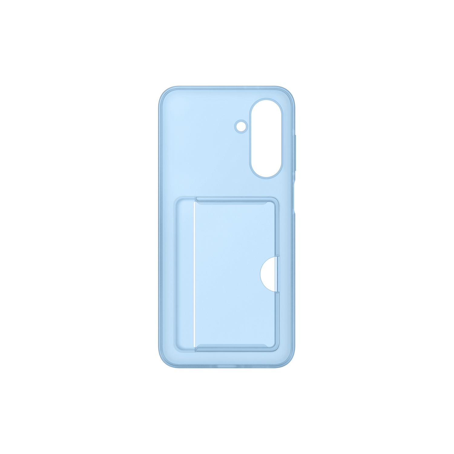 Coque de téléphone bleu clair avec découpe pour porte-cartes. Fond blanc.