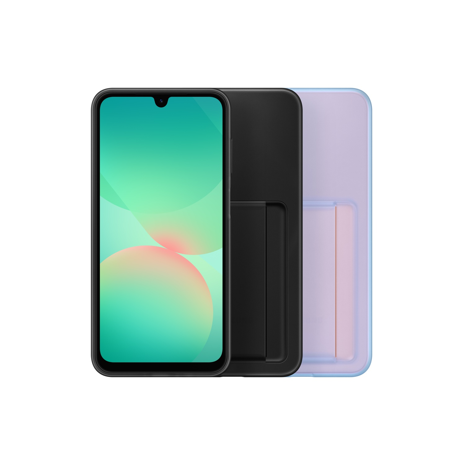 Smartphone avec écran vert et étui noir. Un support noir et un autre étui sont derrière. Fond blanc.