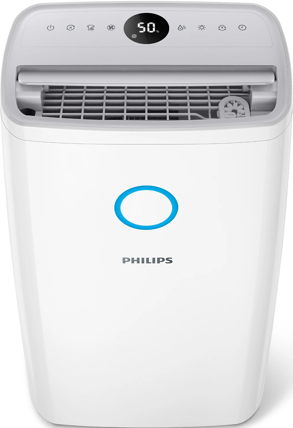 Purificatore d'aria Philips bianco con anello blu e logo Philips.