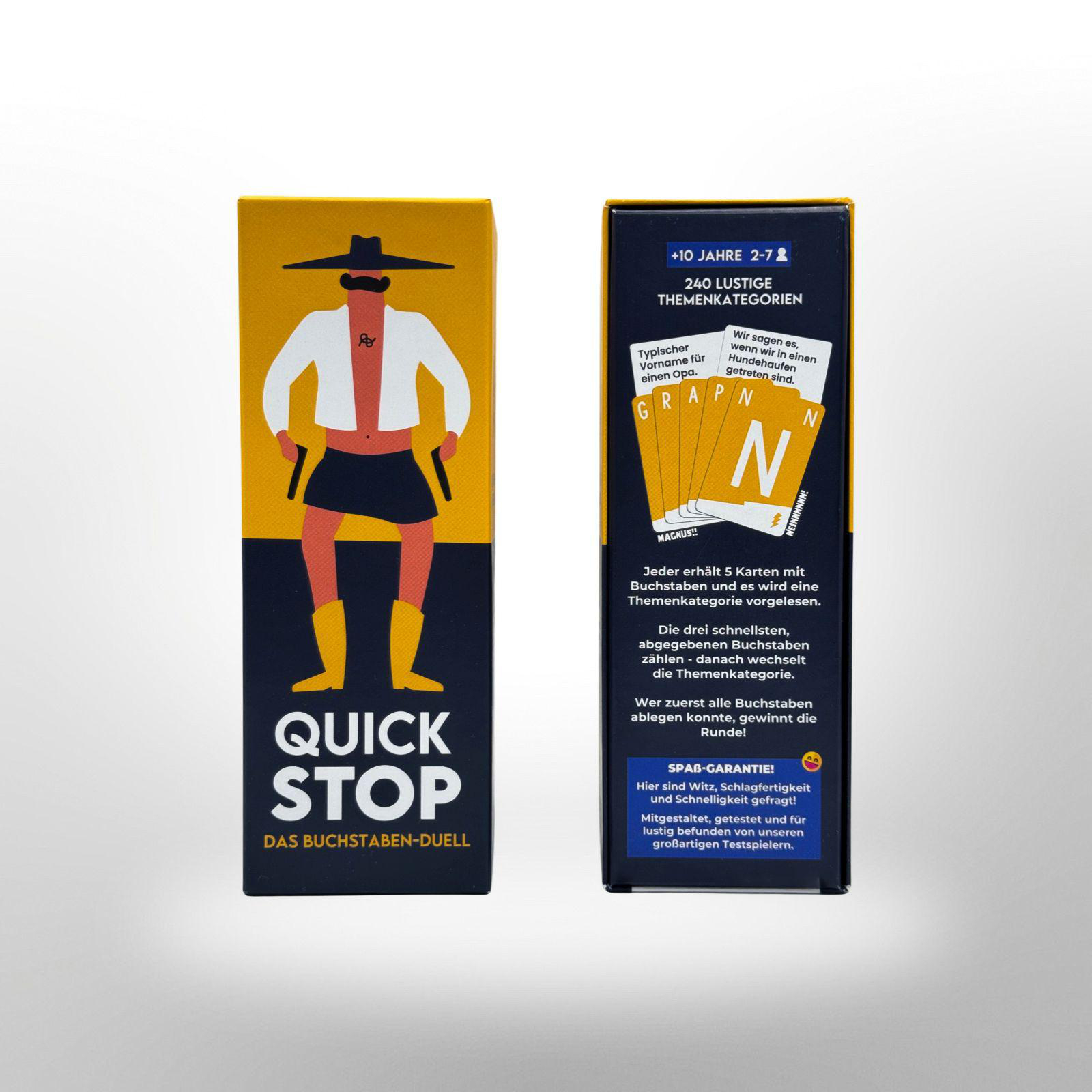 Zwei Spielboxen nebeneinander. Eines hat einen Cowboy und die Worte „Quick Stop“. Text auf Deutsch.