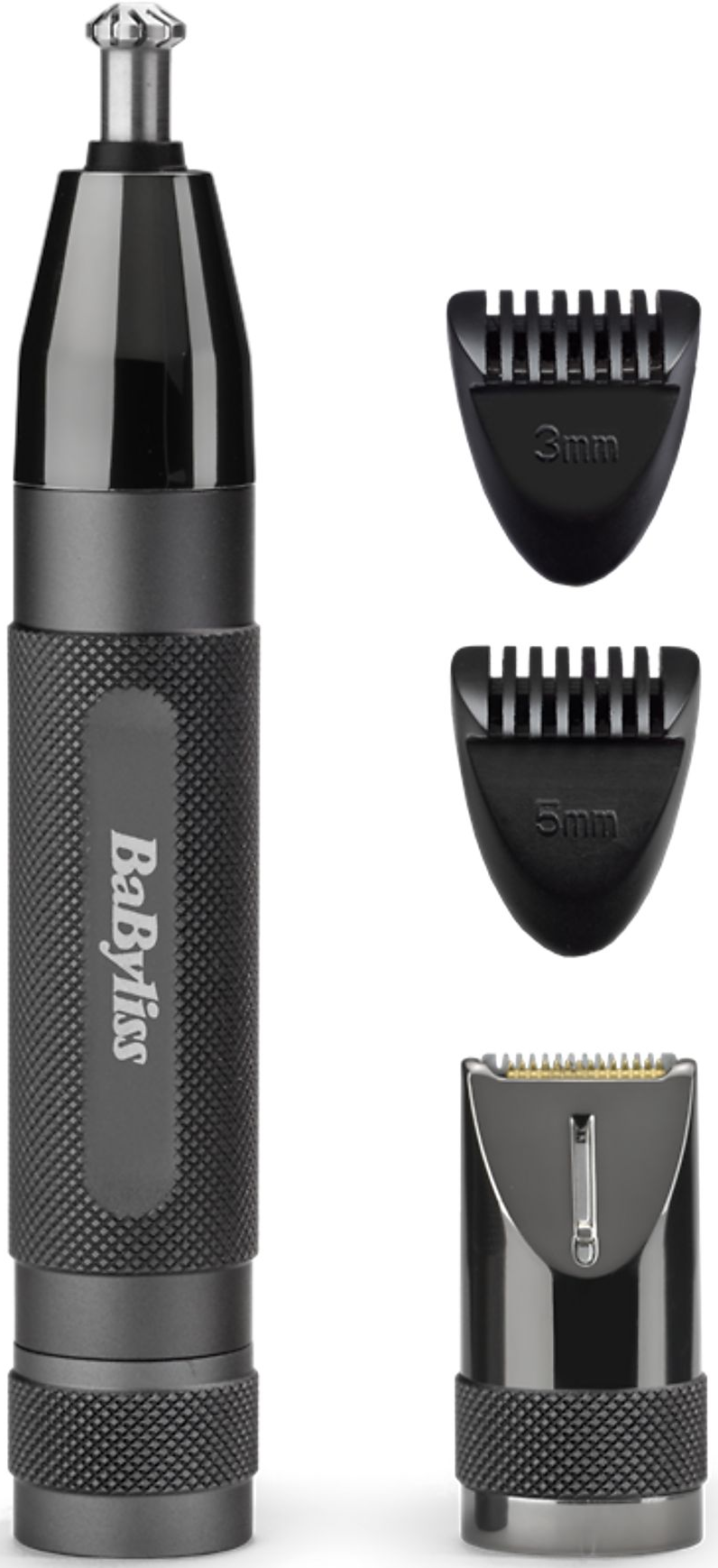 Schwarzer Nasenhaartrimmer mit drei Aufsätzen. Der Markenname 'Babyliss' ist sichtbar.