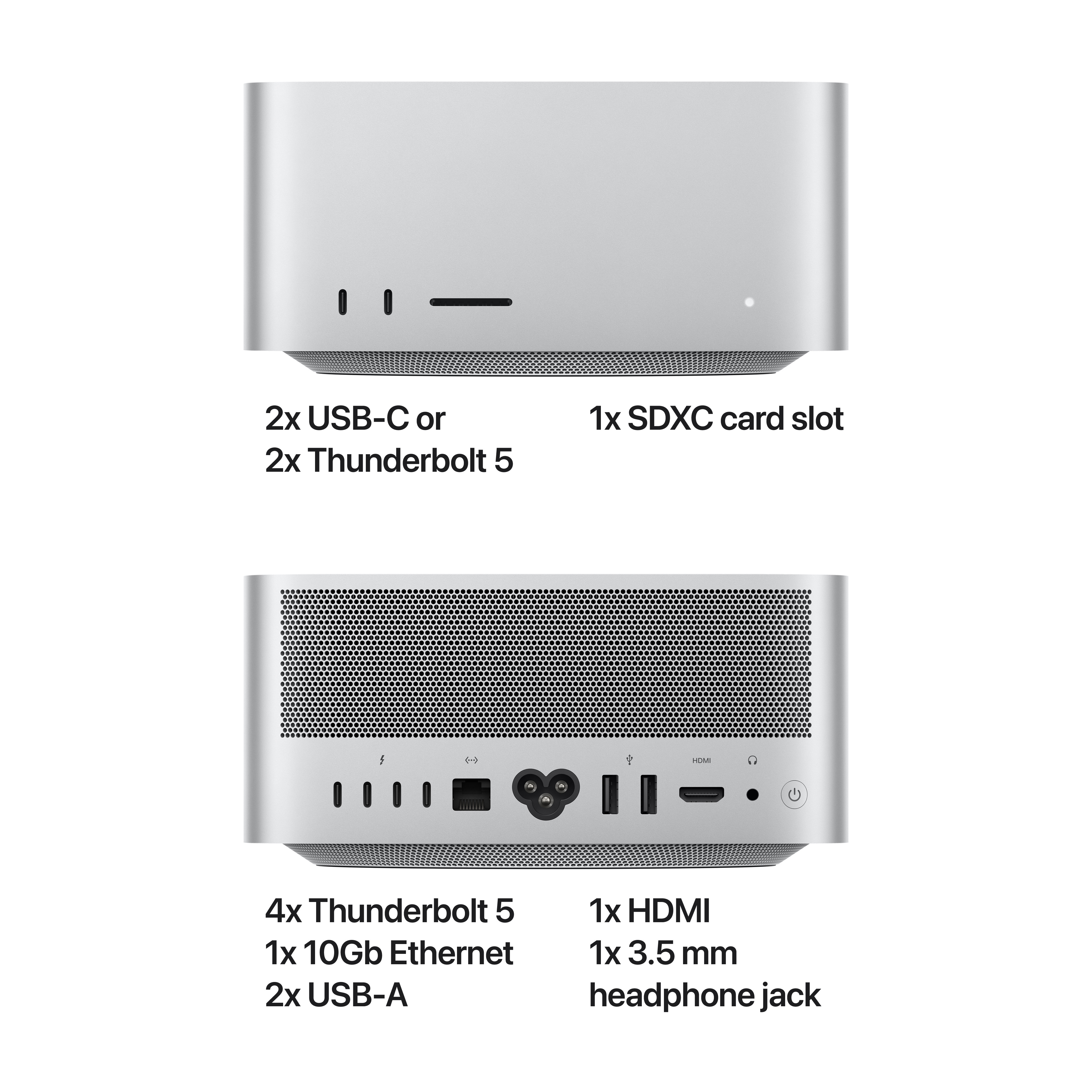 Vorder- und Rückansicht eines silbernen Computers mit beschrifteten Anschlüssen für USB-C, Thunderbolt, Ethernet und HDMI.