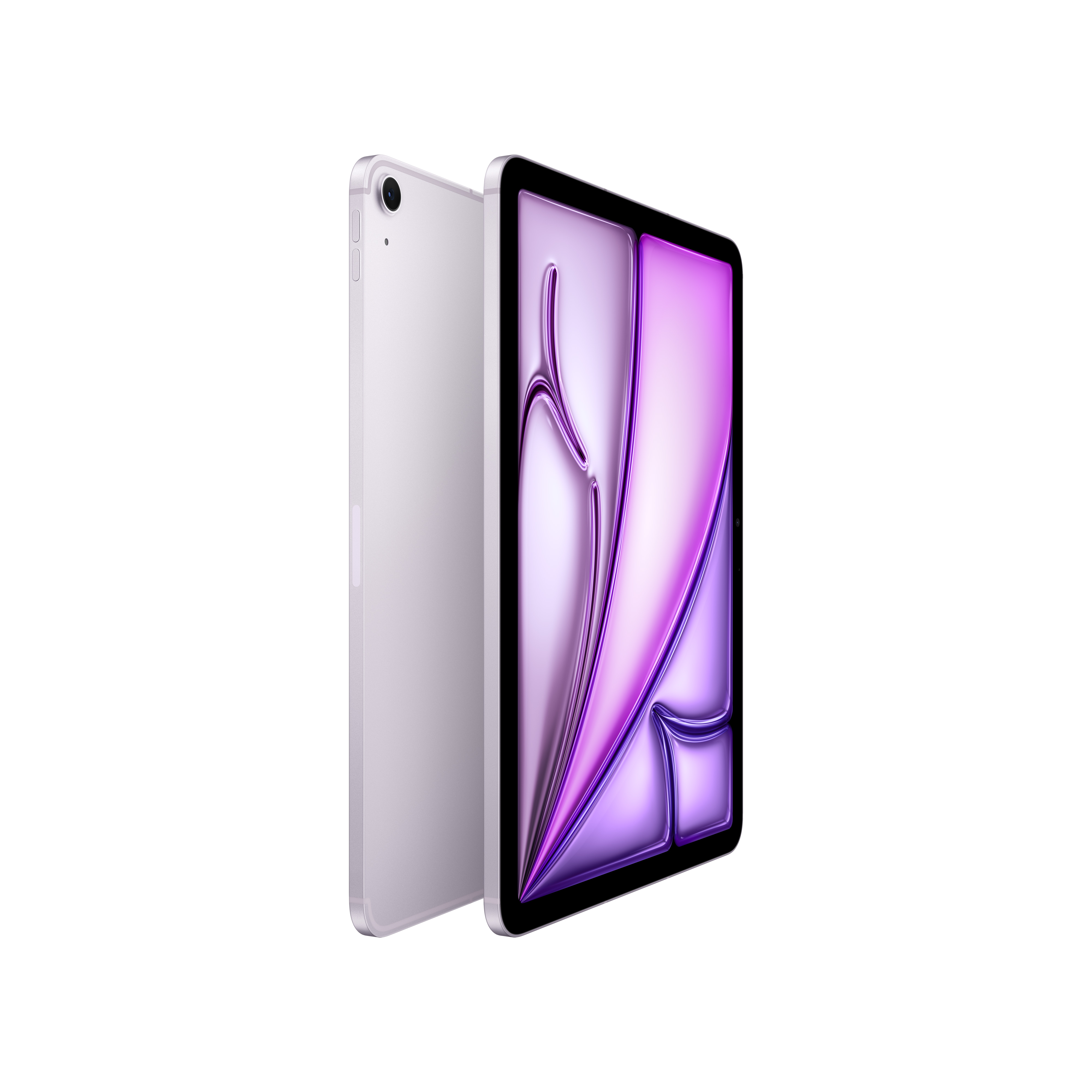 İki tablet, biri açılı, mor ve beyaz gradyanlı ekran gösteriyor. Diğeri açık gri renkte.